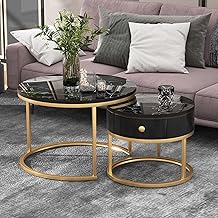 ModernLuxe 2-in-1 Coffee Table, Round Nest of Tables, Multi-functional Side Table with Storage Gold Metal Frame Legs and Marble Pattern White Top, Nesting Tables for Living Room Bedroom, Black