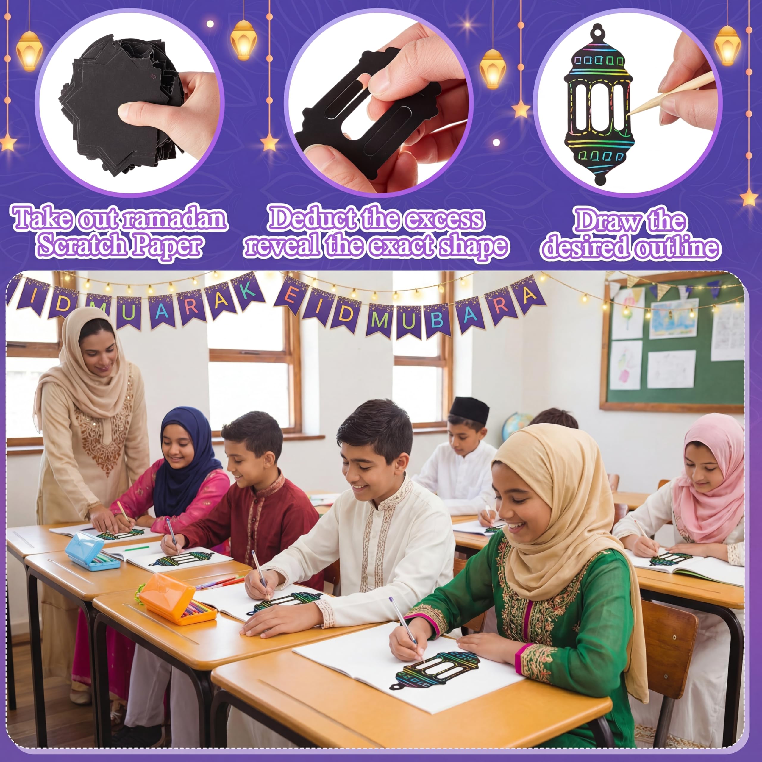 Hollowfly 96 Pcs Ramadan Scratch Paper Kit Eid Mubarak Paper Scratch Off Card Eid Crafts Ramadan DIY Rainbow Hanging Ornament Craft for Ramadan Party Eid Mubarak Activity Drawing Supplies Decor