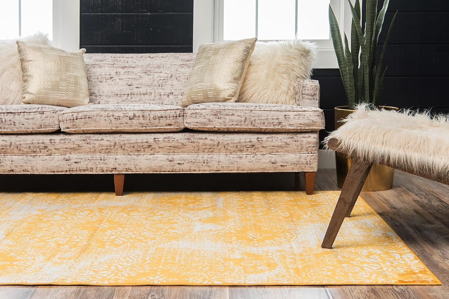 Yellow and Ivory Synthetic Low Pile Bohemian Area Rug