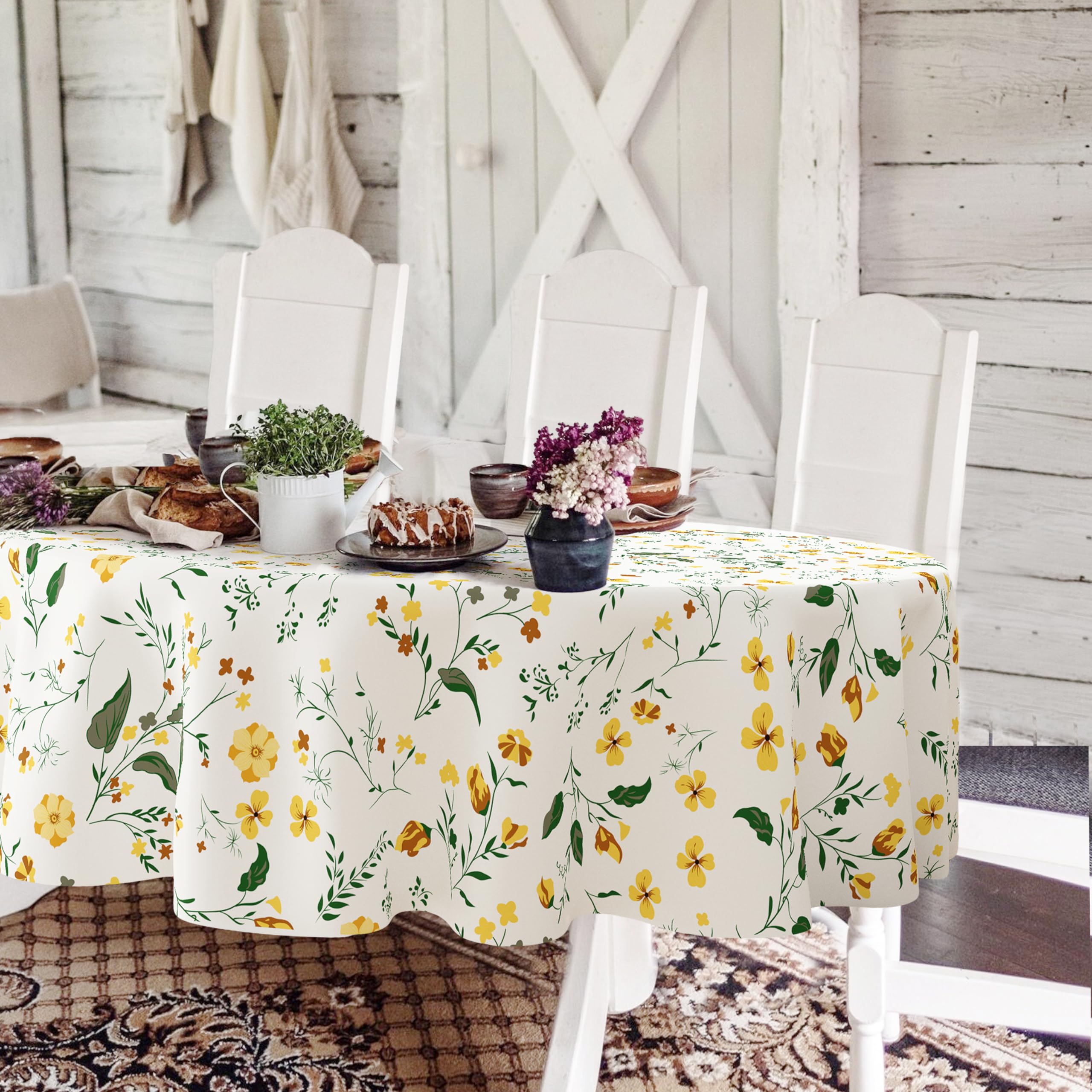 Yighty Oval Floral Tablecloth 60 x 84 inches, Yellow Floral Watercolor Table Cloth, Waterproof Wrinkle Resistant Tablecloth, Spring Summer Decoration for Holiday Kitchen Dining Room — image 1