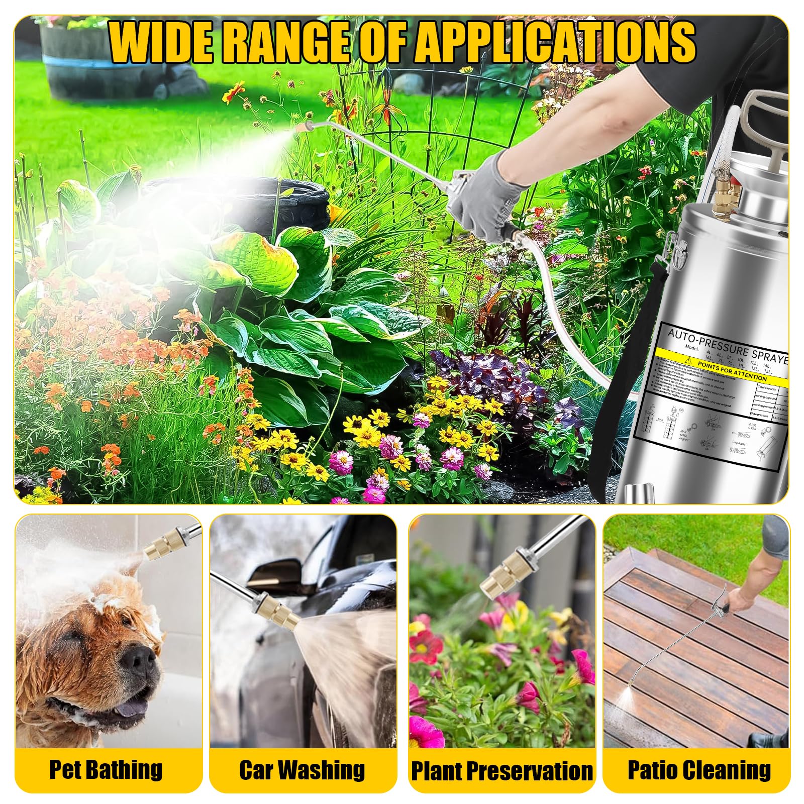 Drucksprüher 10L Edelstahl – Handspritze mit Manometer, Verstellbarer Messingdüse, für Garten, Rasen, Desinfektion & Reinigung