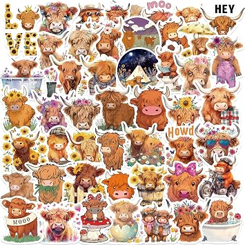50PCS Highland Cow Stickers Cute Cartoon Animal Stickers Vinyl Waterproof Decal for Laptop Stickers for Water Bottles Kids Gifts for Teen Adult