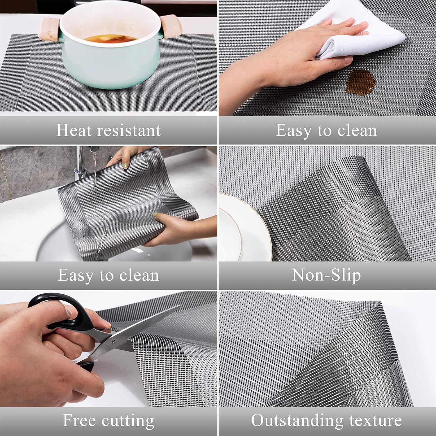 70% Off Discount U'Artlines Placemat Crossweave Woven Vinyl Non-Slip Insulation Placemat Washable Table Mats Set of 6 (6pcs placemats, Gray)