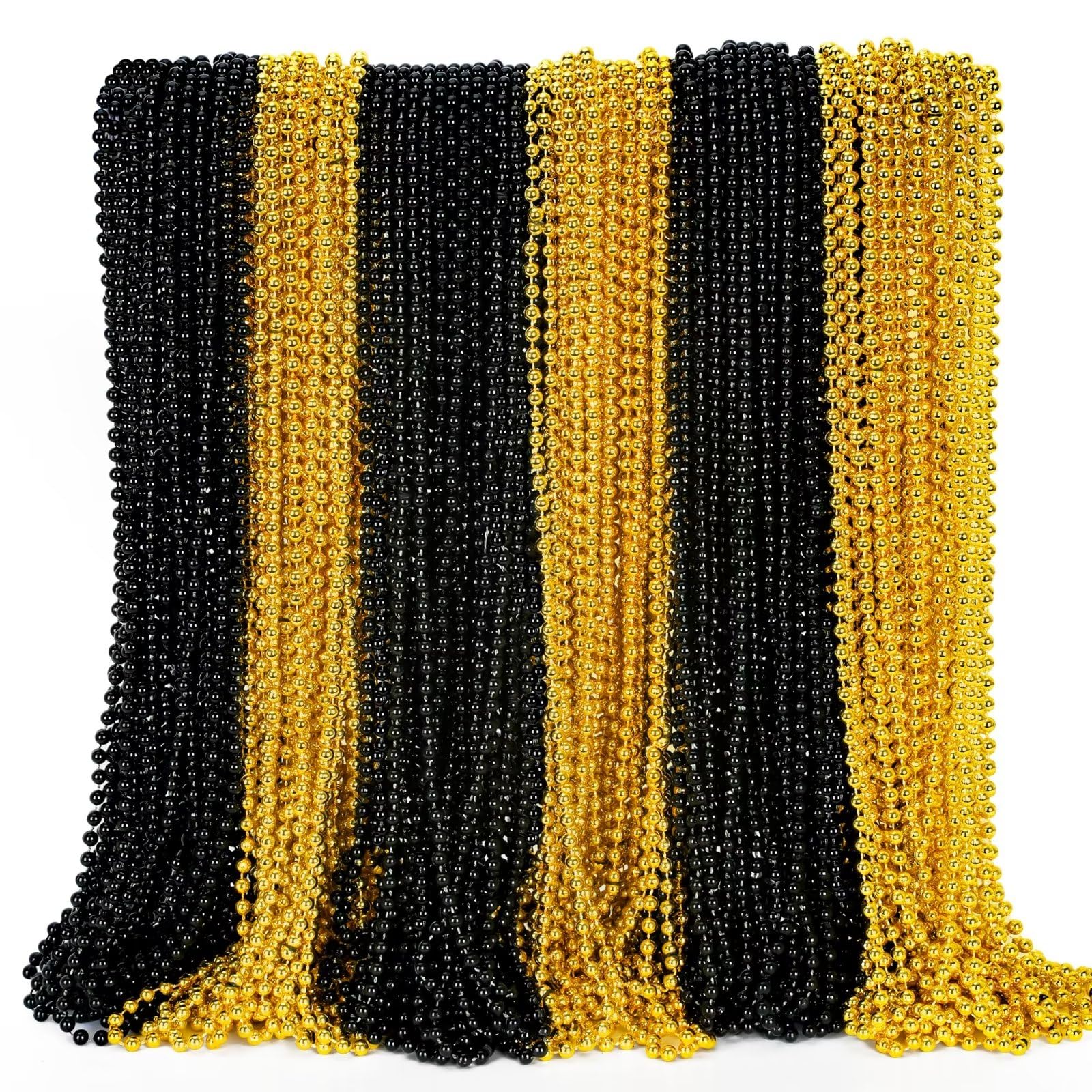 EOBOH 24PCS New Years Eve Bead Party Supplies, Black Gold Bead Necklace, 33" New Years Eve Beaded Necklaces, Festival Parade Throw Accessories for Halloween Trick or Treat Accessories