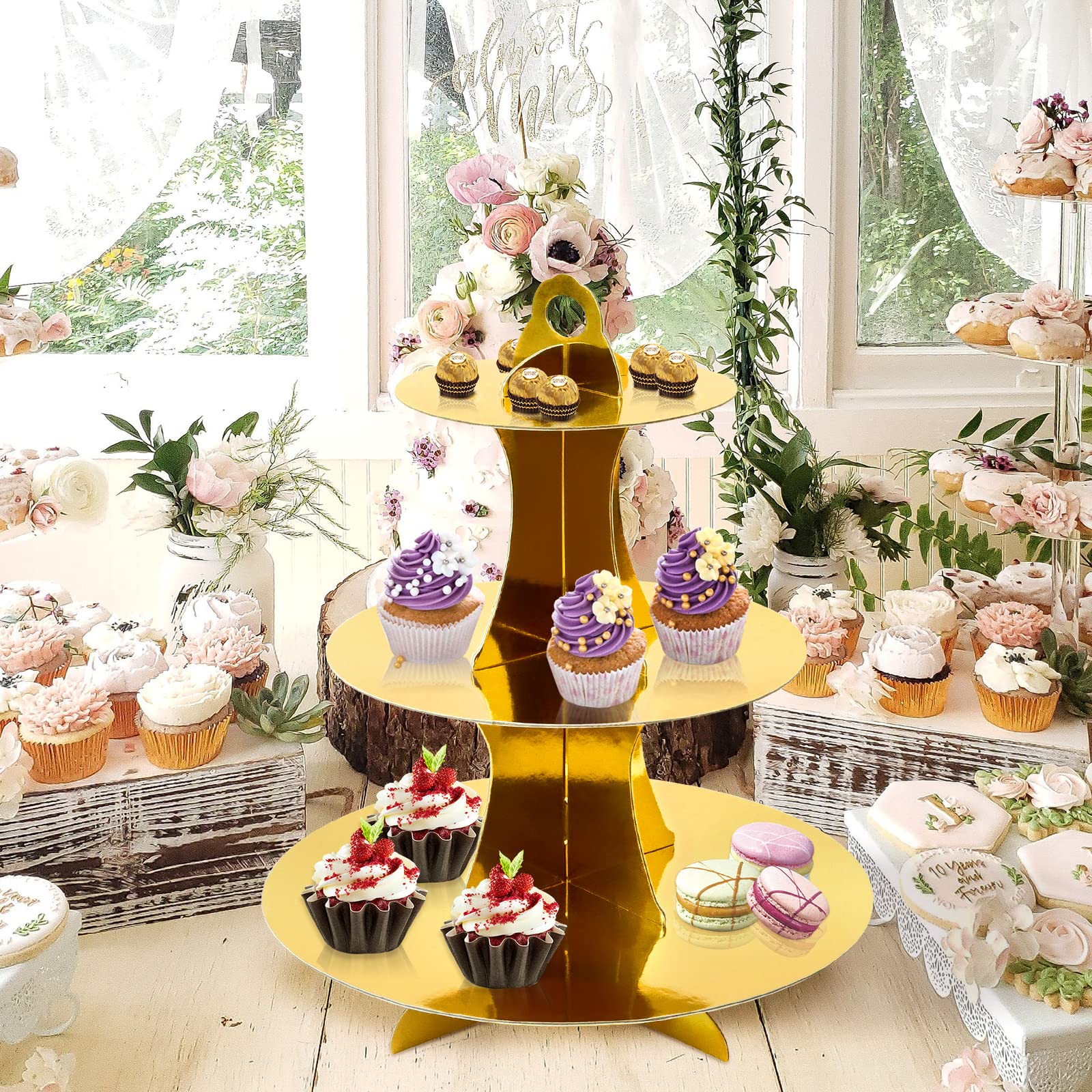 Présentoir à Gâteaux 3 Niveaux Tesyeux - Blanc, Plastique PS Alimentaire - Support Pour Desserts, Fruits, Cupcakes - Pour Mariage, Anniversaire