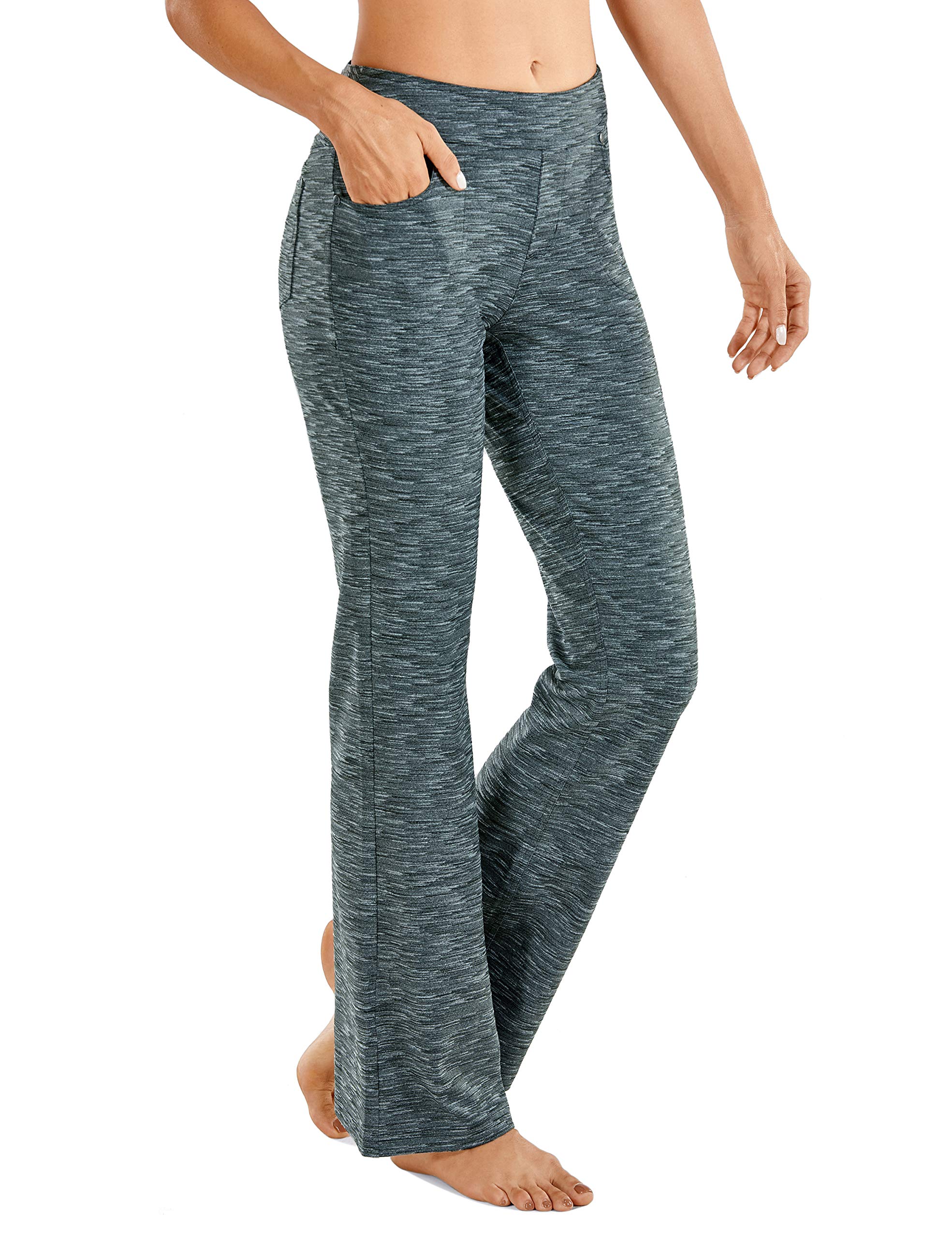 CRZ YOGAFlare Yoga Pants for Women Slim Fit Bootcut Elastic Waist Mid Rise Causal Bootleg Work Pants with Pockets Dark Black White Flower Grey Small