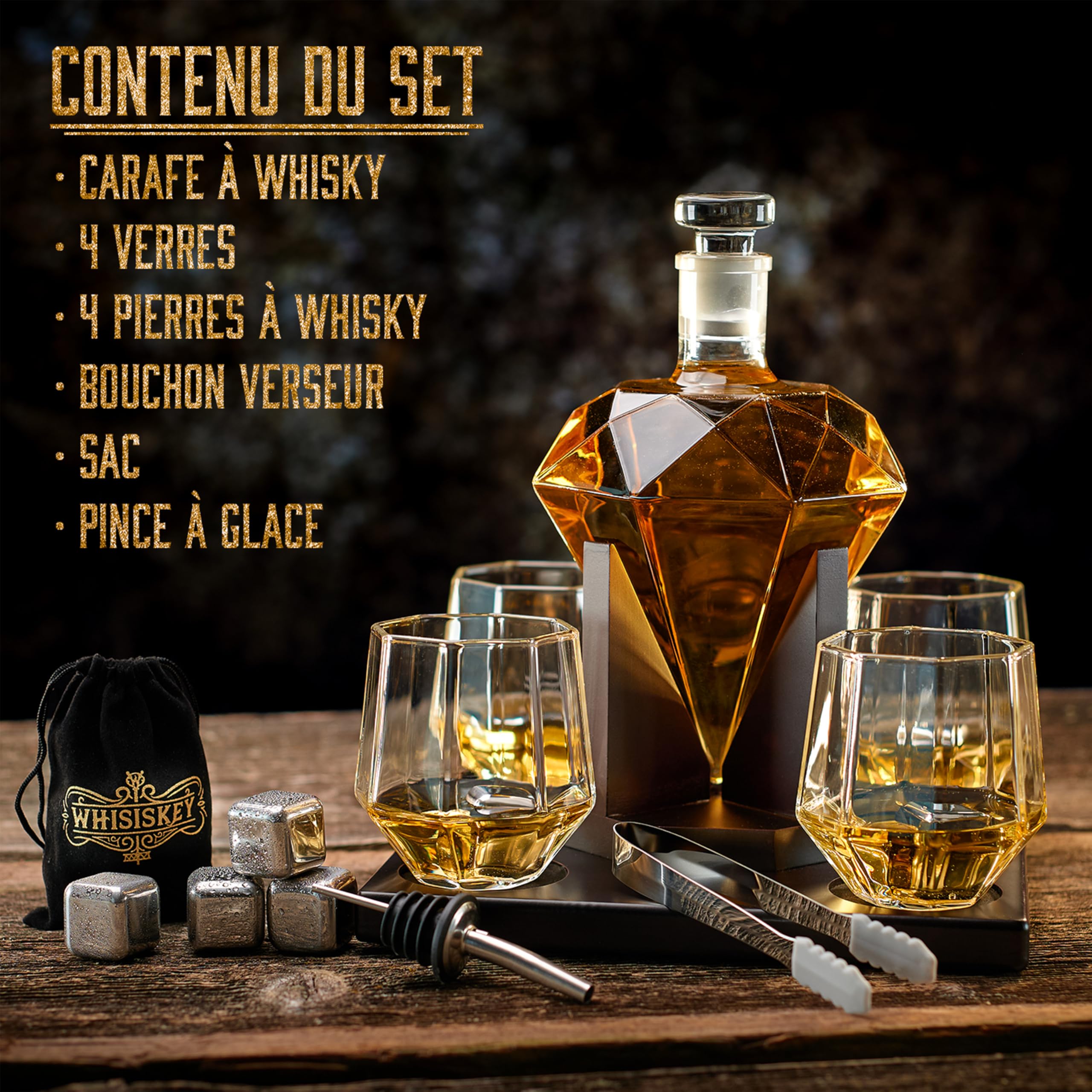 WHISISKEY Carafe Whisky - Carafe à Whisky - 1000ML - Coffret Cadeau Homme - Coffret Whisky Luxueux - Idee Noel - Decanter avec 4 Verre à Whisky, 4 Pierre a Whisky, Whiskey Accessories