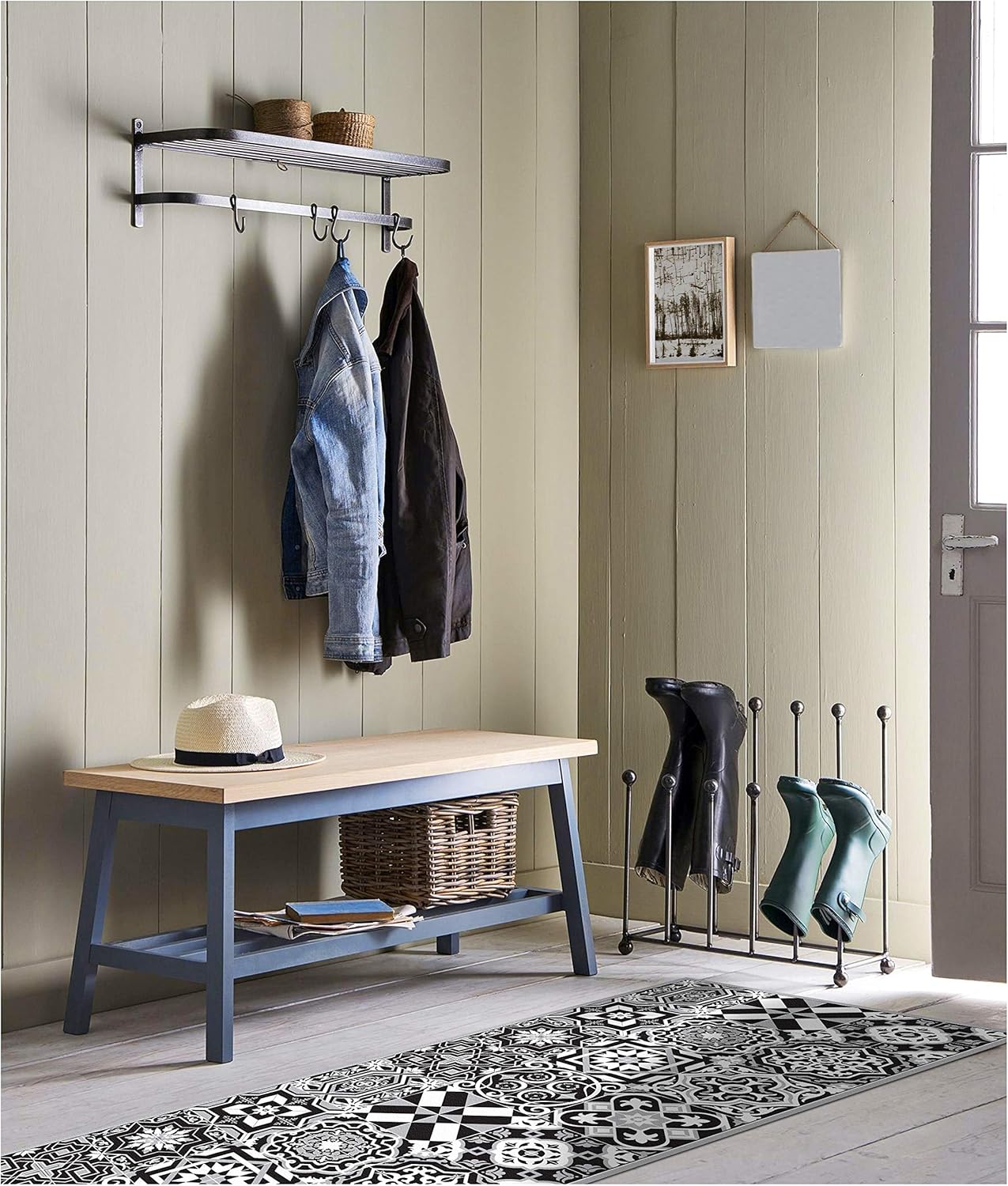 IRI-GIRI Vinyl Kitchen Floor Mat Decorative Linoleum PVC Rug Runner Tile Flooring, Colorful, Durable, Anti-Slip, Hand Washable, and Protects Floors 63" x 23.6", Black and White 272