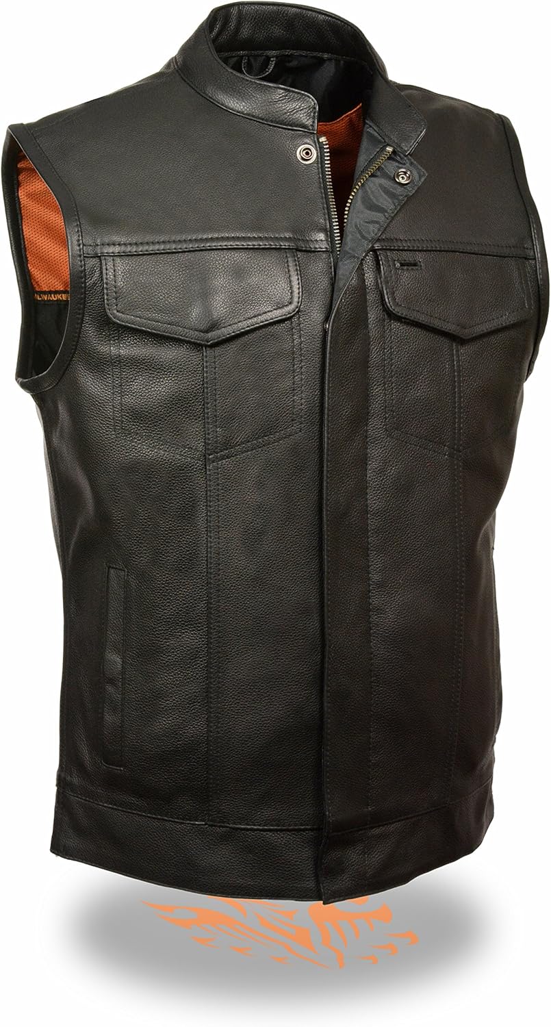 Milwaukee SOA Men's Naked Cowhide Leather Vest Zipper & Snap Front w/ 2 Inside Gun Pockets & Single Panel Back (Medium) : Automotive