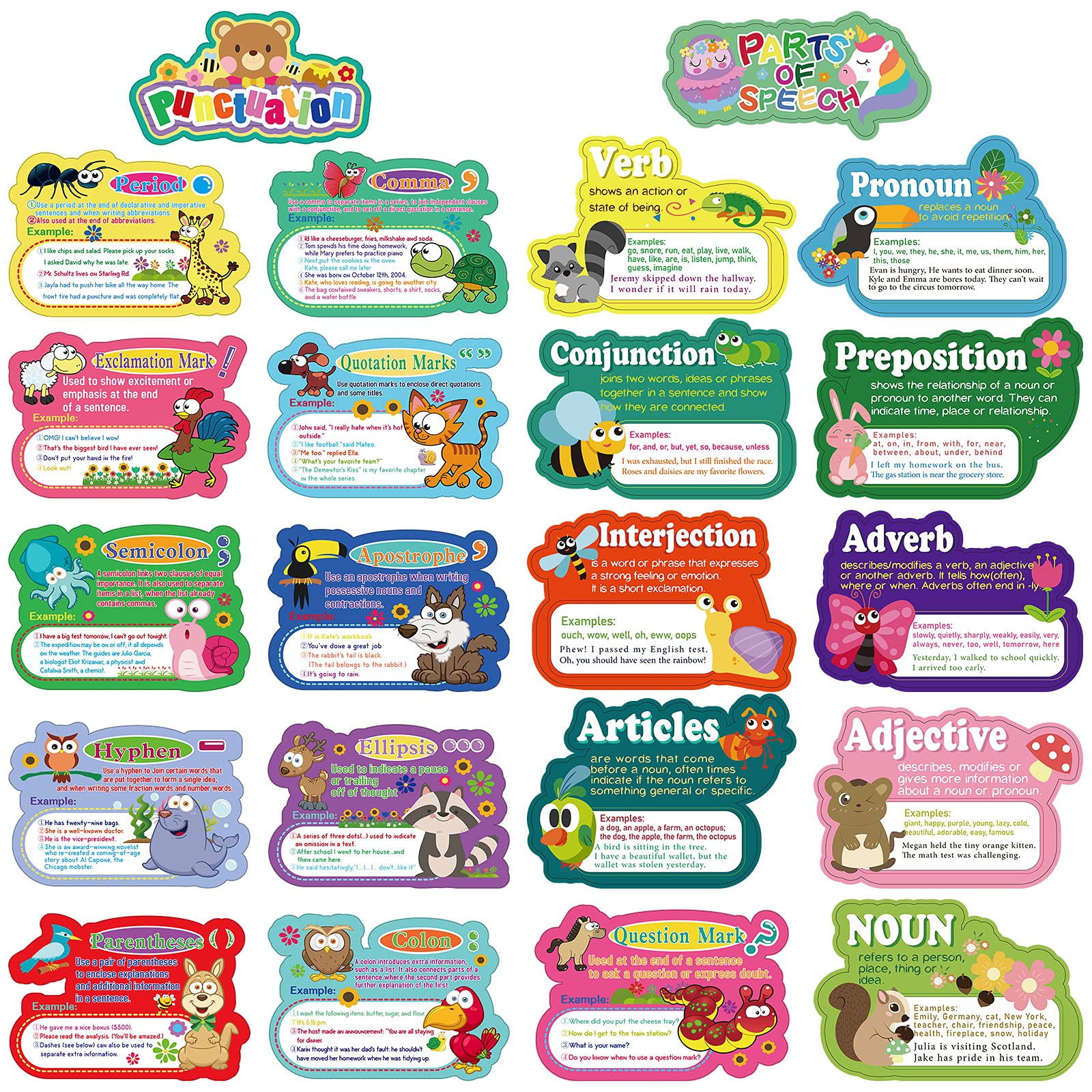 22 Pieces Punctuation Poster Speech Poster Educational Grammar Punctuation Cutouts Bulletin Board Set Punctuation and Parts of Speech Learning Poster Classroom Posters with Glue Point Dots