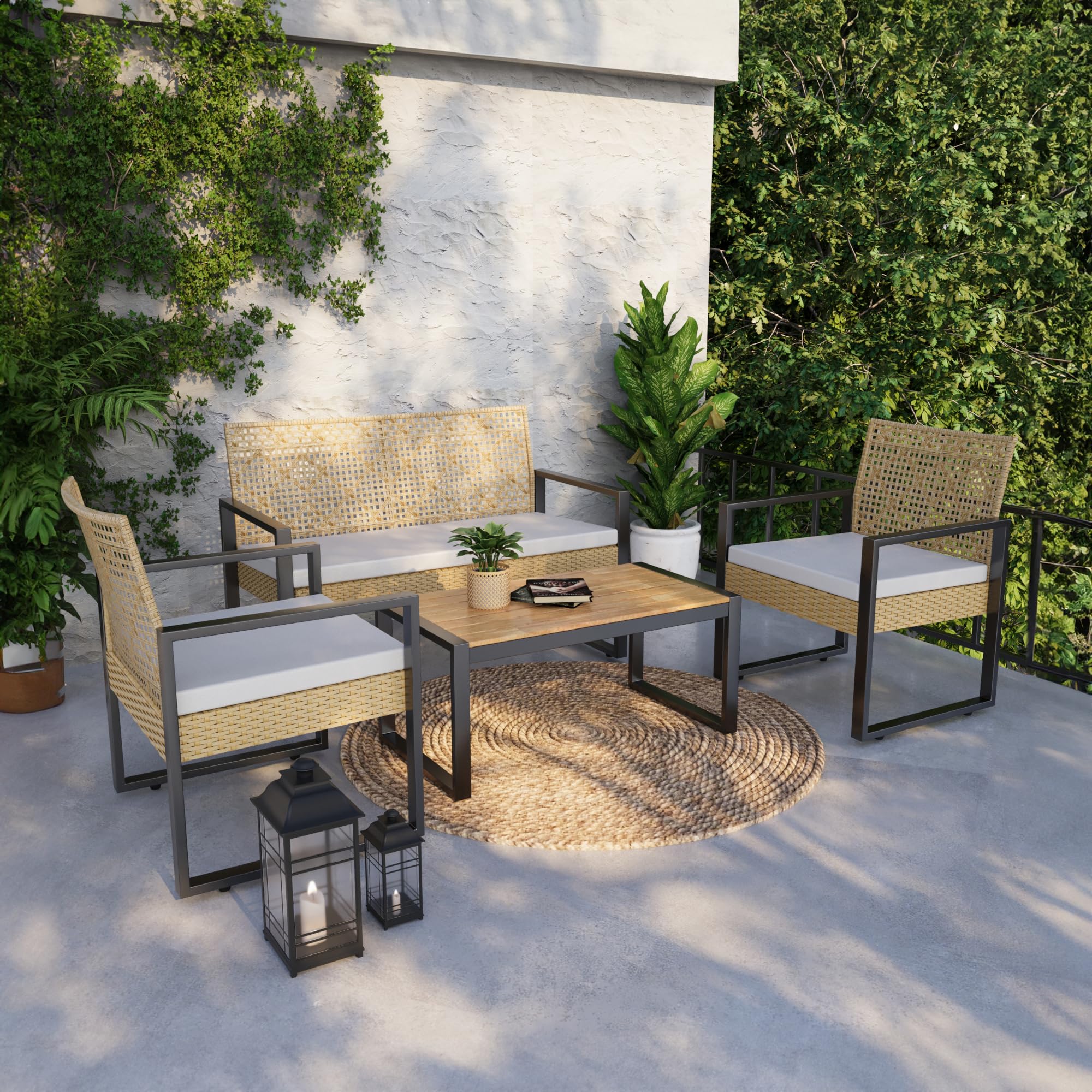 casa.pro Muebles de Terraza 4 Piezas - 1 Mesa Rectangular 1 Sofá de Plazas 2 Sillas con Reposabrazos y Cojines - Conjunto de Muebles de Jardin Exterior Acero/Madera/Ratán - Natural y Negro