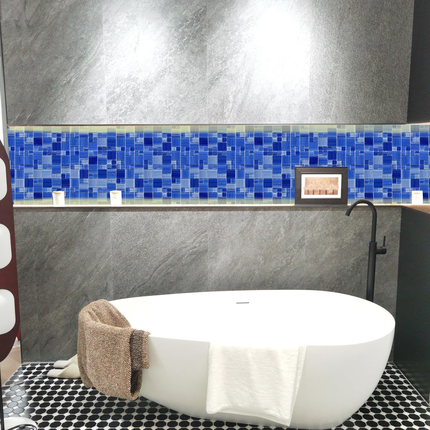 Cobalt Blue Glass Mosaic Tile,12X12 inches Glossy & Lines, Pool Tiles,Kitchen Backsplash Tiles,Bathroom Border, Shower Wall Tile, Waterline, Fountain, Spa (5 Sheets,5 Sq.Ft.)