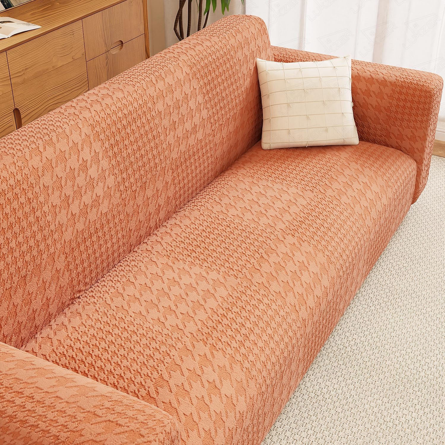 Lukzer 5 Seater Sofa Cover - Pastel Orange Square Knit Pattern | 3+1+1 Universal Textured Jacquard Fabric 240 GSM Elastic Couch Protector | Washable Sofa Cover for Living Room (SC-176-05)-image-37