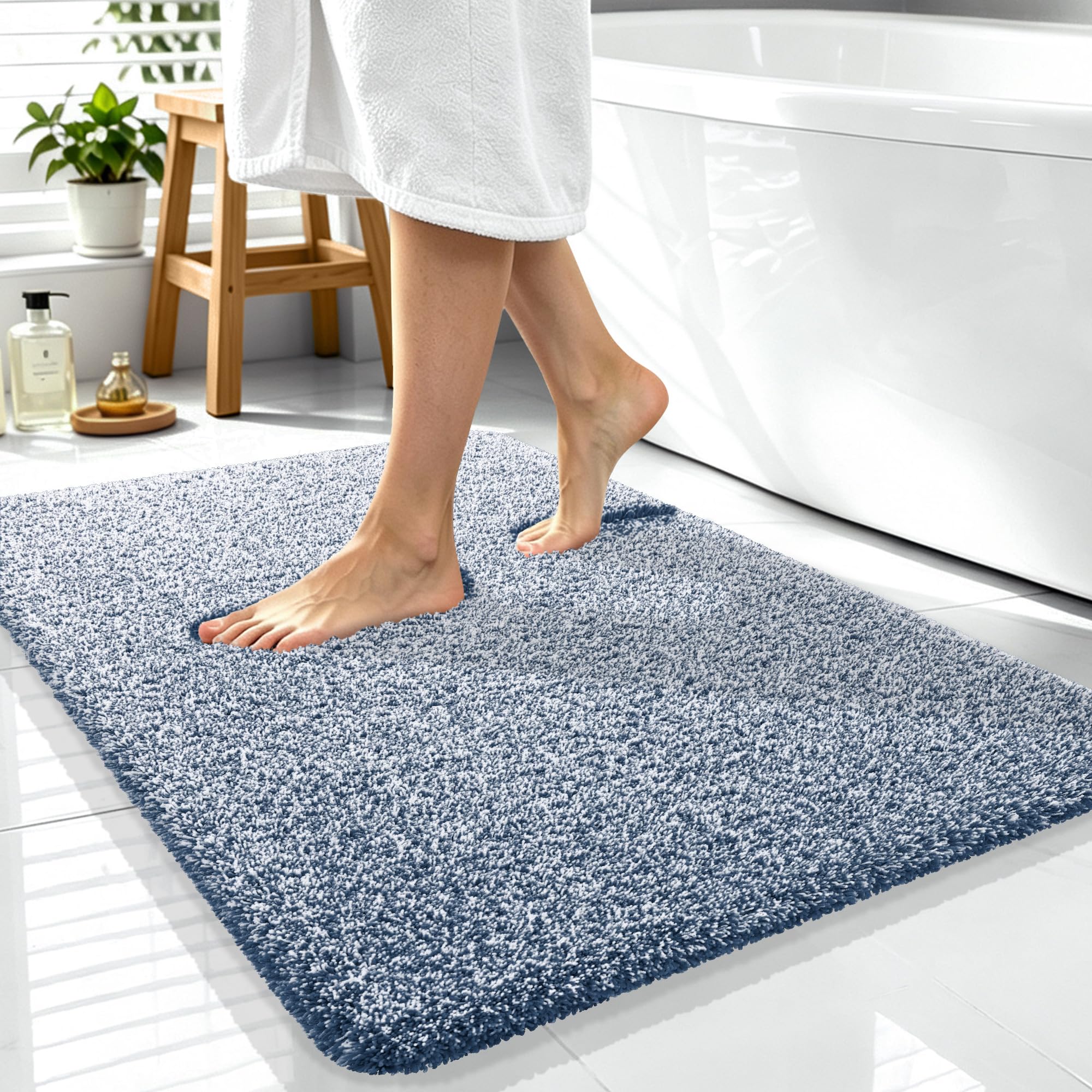 OLANLY Microfiber Bathroom Rugs 40x32, Quick Dry Bath Mat, Navy and White