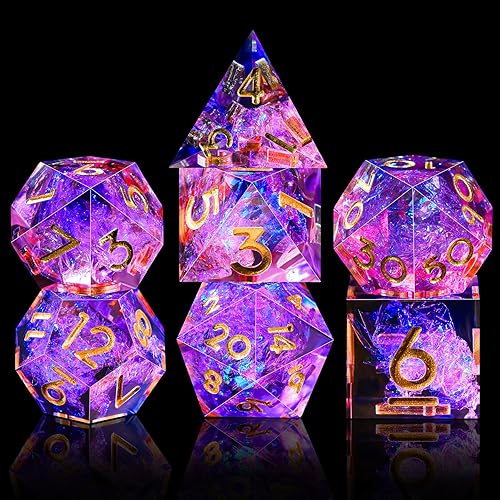 Miniatura 2 de AUSTOR Juego de dados DND de 7 troqueles hechos a mano con borde afilado para juegos de mesa MTG de mazmorras y dragones (melocotón y azul)