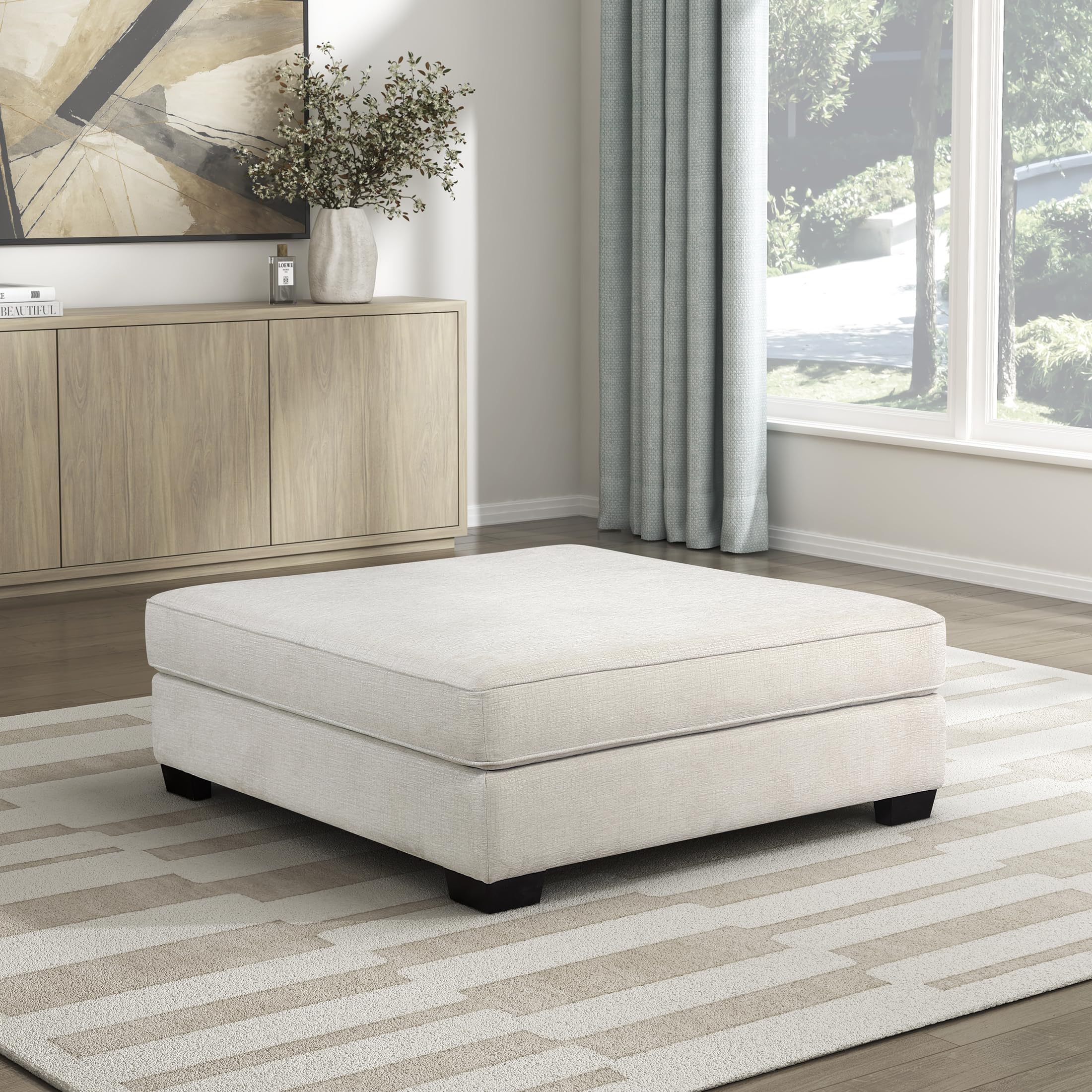 Lexicon 51" Modern Ottoman, Chenille Upholstered Square Ottoman, Footrest with Solid Wood Legs, Foot Stool for Living Room/Bedroom/Apartment, Easy Assembly, Beige
