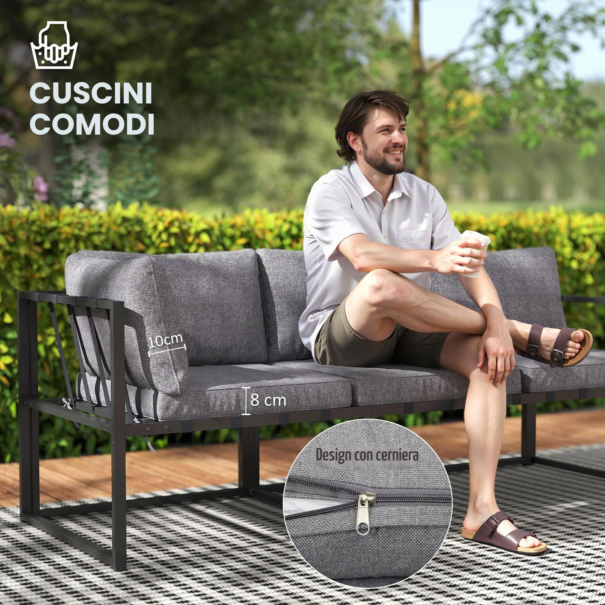 Outsunny Soggiorno da giardino esterno angolare 4 pezzi con divano a 3 posti e 2 posti, 2 tavolini estraibili in vetro temperato, cuscini inclusi, veranda grigio
