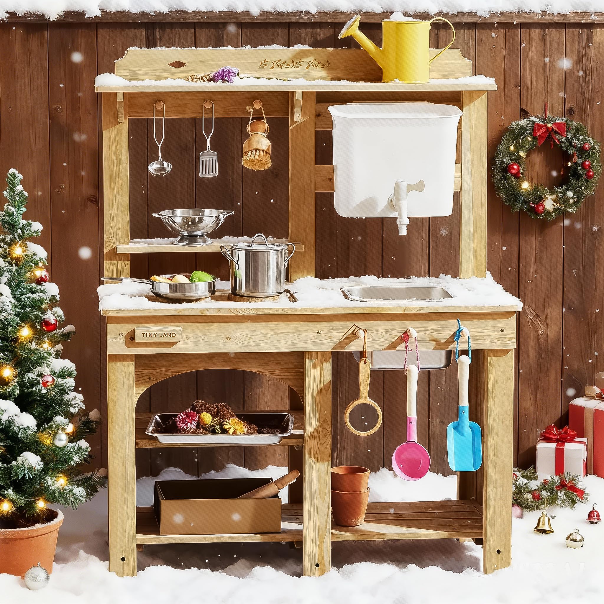 Tiny Land Outdoor Mud Kitchen for Kids, Wooden Play Kitchen with Water Tank, Water & Cooking Play, Sensory Fun, Weather-Resistant with Storage, Ideal for Toddlers Ages 3+