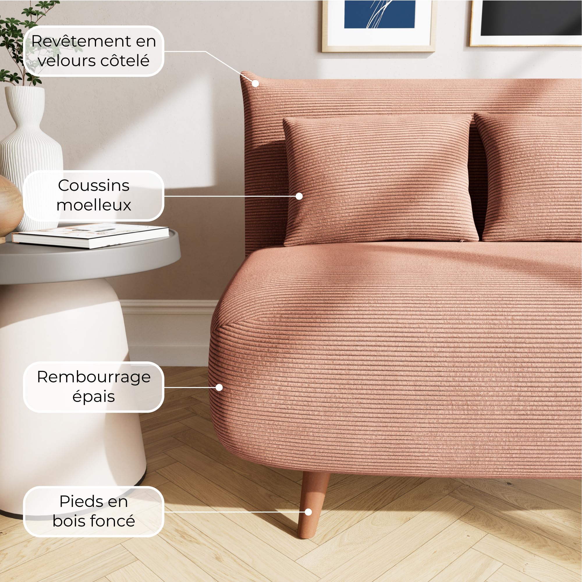 Bestmobilier Lumi Banquette Convertible clic clac 1 Place - Velours côtelé | Terracotta, couchage quotidien, petit canapé convertible design pour salon, chambre ou studio