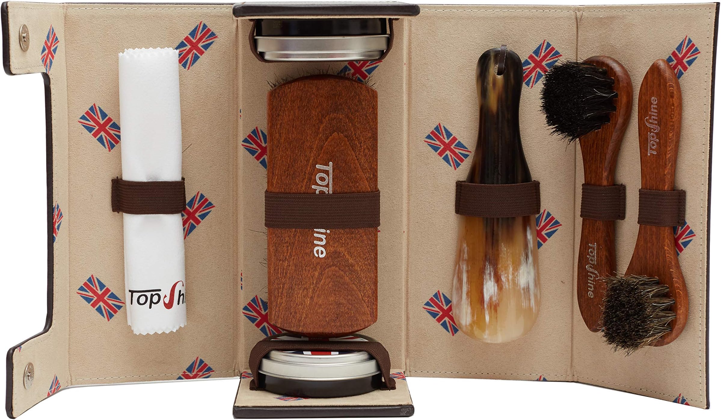 Professional Shoe Shine Kit – Shoe Polish Kit – Contains Shoe Brush Set, Polishing Cloth, Shoe Horn & Beeswax Shoe Polish – With Vintage Look PU Leather Carry Case