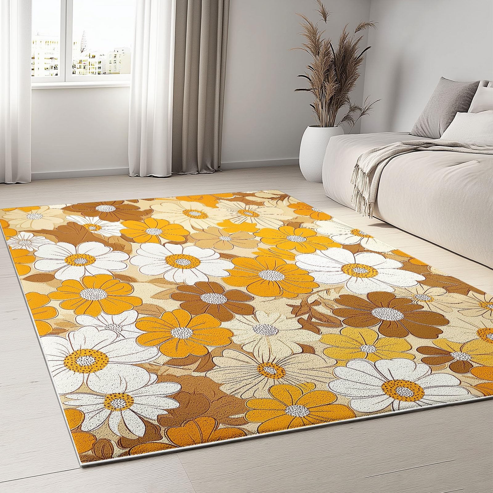 Tapis Couloir Long Moderne Motif Fleurs De Mode Vintage, Orange Blanc Tapis de Passage À Poil Court Doux, Tapis de Couloir, Antidérapant Et Lavable, Tapis Salon Chambre Adulte 80 x 150 cm