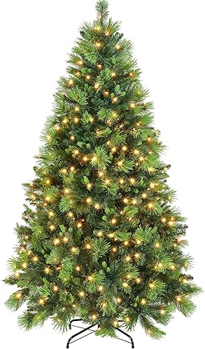 Yaheetech Árbol de Navidad preiluminado de 6 pies con 400 luces incandescentes blancas cálidas, árbol realista con bisagras con 885 puntas de ramas