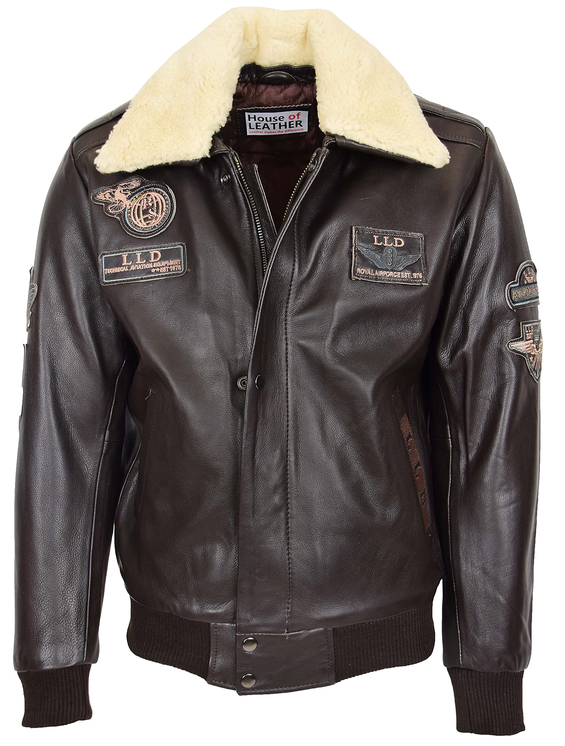 Men's Genuine Leather Bomber Jacket with Detachable Collar Aviator