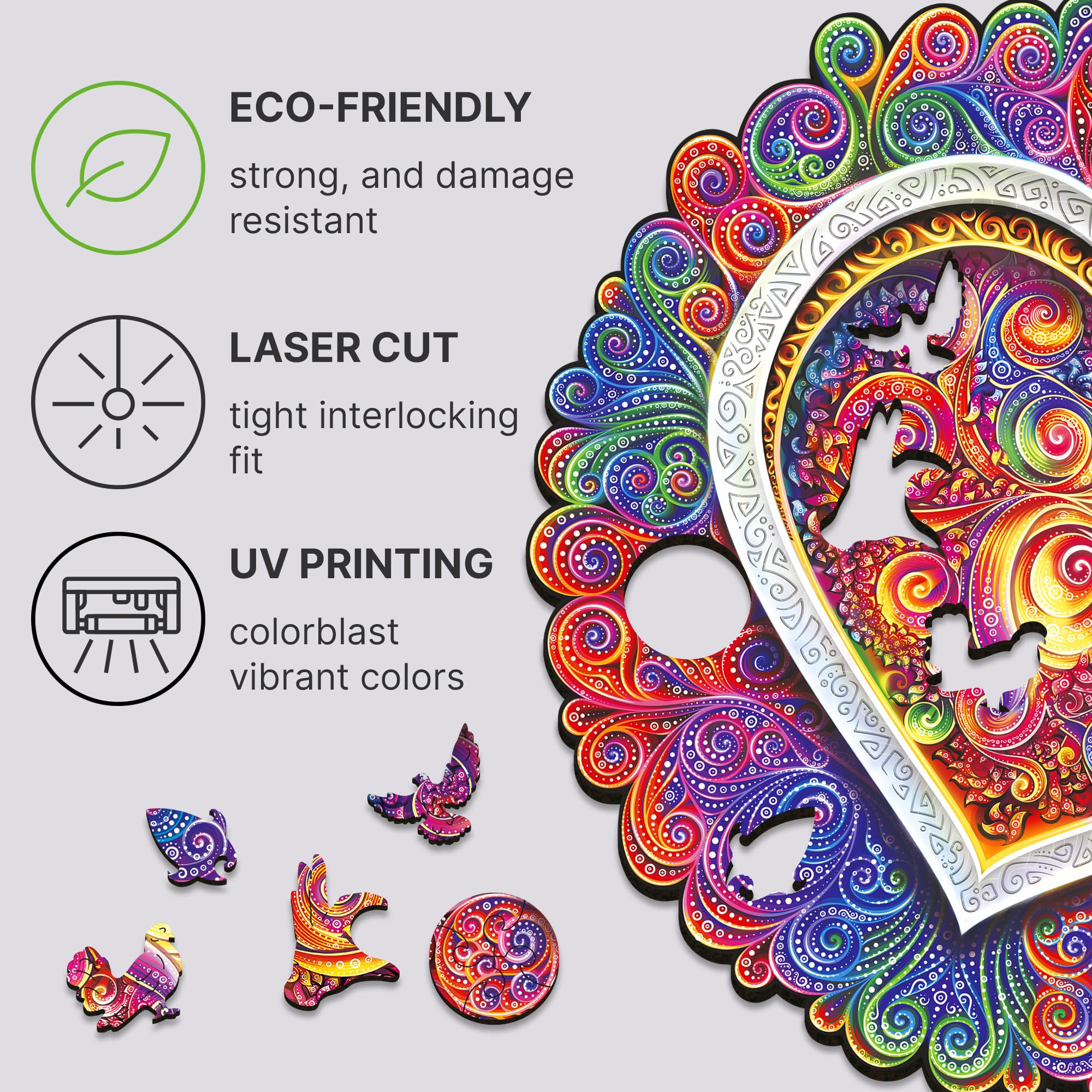UNIDRAGON Oryginalne Drewniane Puzzle - Mandala Świadomą Miłość, 700 sztuk, Wielkość Królewska 17,7x17,7 cali (45x45 cm) Piękne Pudełko na Prezent, Unikalny Kształt Dorośli i Dzieci