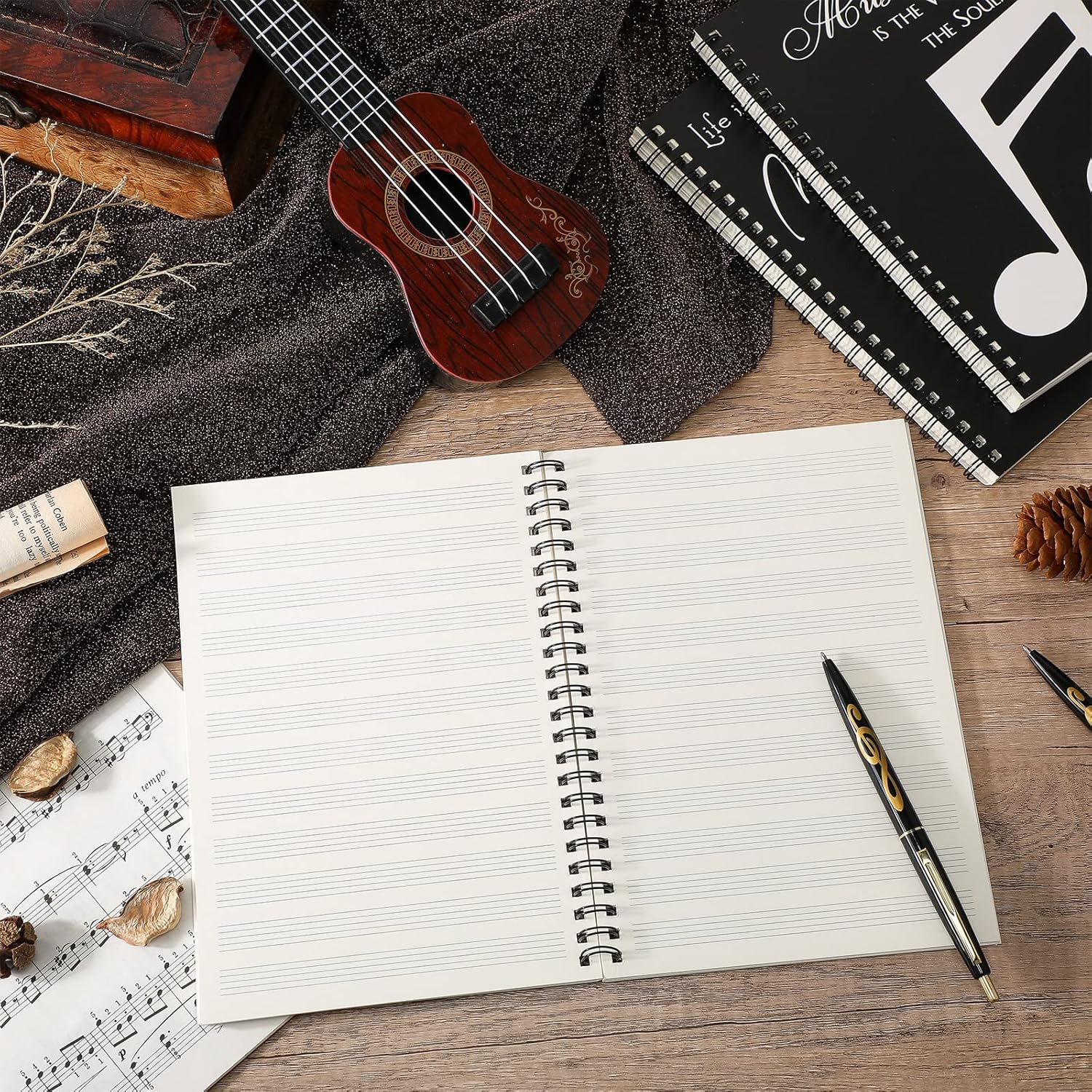 Fumete Music Notebook Blank Sheets Paper Manuscript Books with 10 Pcs Songwriting Themed Ballpoint Pens Writing Composition Staff Accessories Gifts 12 Staves 50 Pages Per Notebook