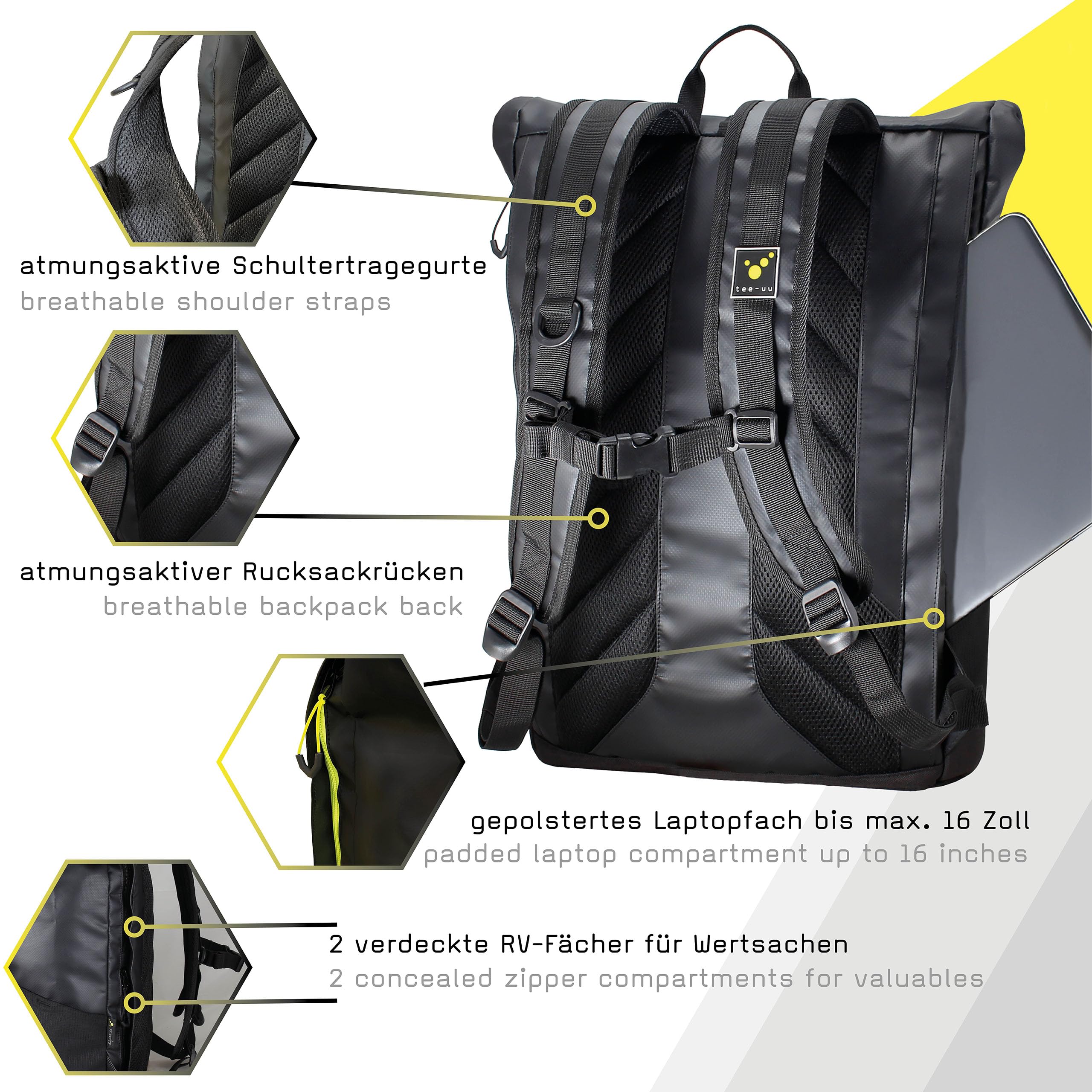 tee-uu CAROBAG schwarz, trendiger Rolltop-Rucksack | Moderner Rolltop-Rucksack mit schützendem Laptopfach.