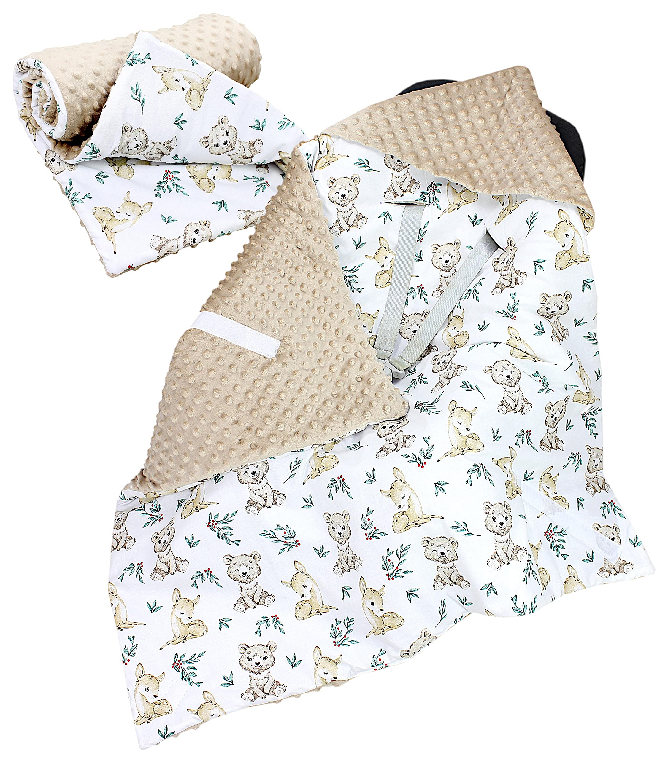 TupTam 2er Set Baby Decken Einschlagdecke 85x85 cm für Autositz Babyschale Babydecke Wiegendecke Minky Baumwolle, Farbe: Rehlein/Bären/Beige/Hellbraun, Größe: Herbst/Winter - 85 cm x 85 cm