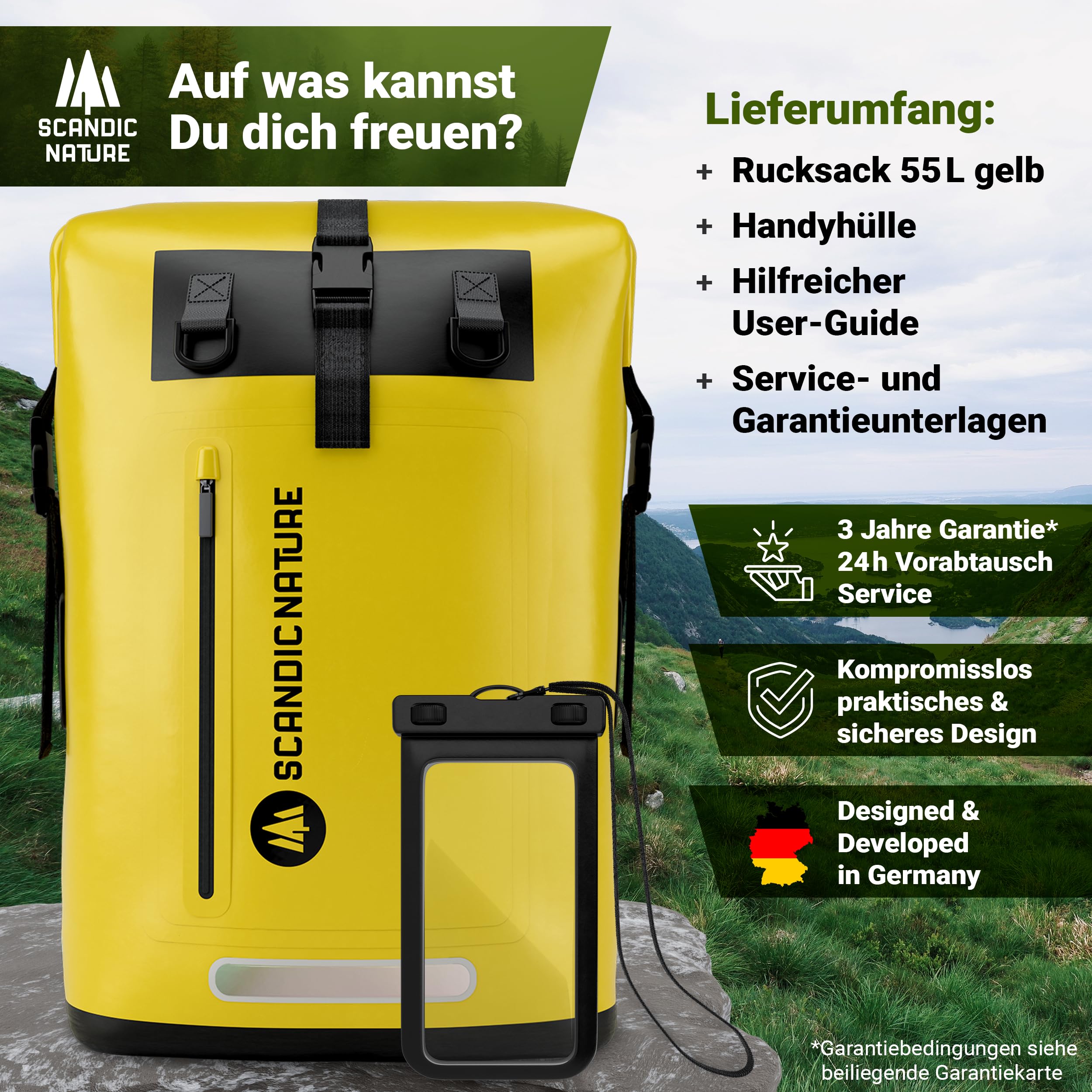 PIONEER wasserdichter Rucksack mit Rolltop Verschluss 35L 55L schwarz gelb oliv-grün - extra robust dank Boden mit 1000D PVC LKW-Plane, 3 Reflektor-wasserfeste IPX8 Handyhülle