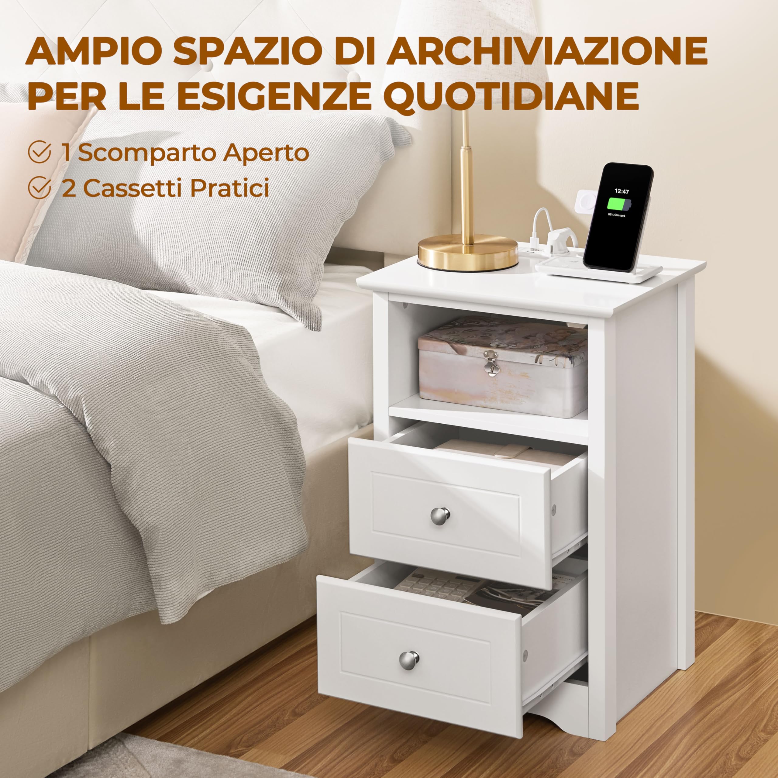 Yaheetech Comodino Camera da Letto con Stazione di Ricarica 2 Porte USB e 2 Prese AC Comodino Smart con 2 Cassetti e Scomparto Tavolino Laterale da Divano per Soggiorno (2)