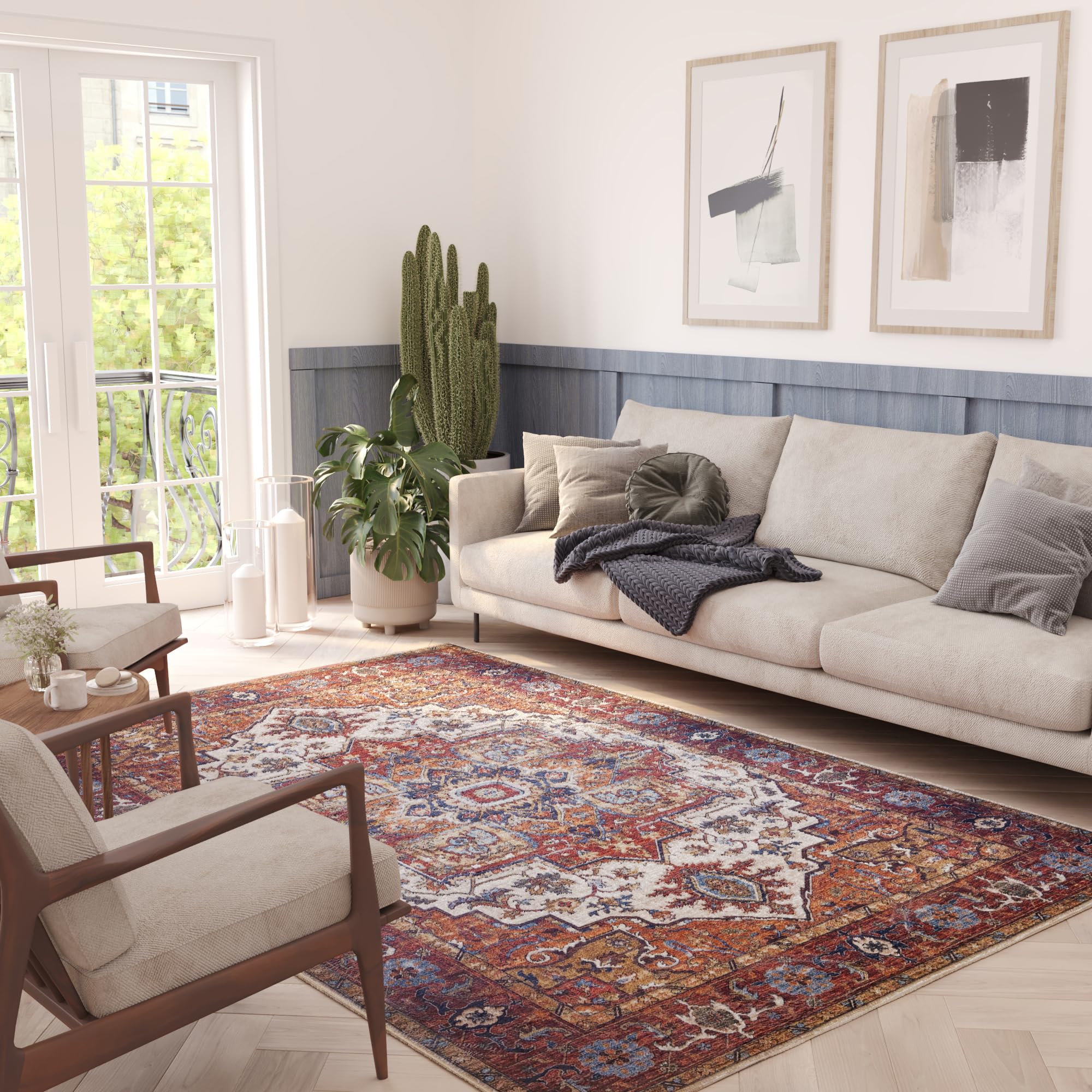TAPISO Flannel Tapis Poils Ras Antidérapant Lavable Classique Marron Bleu Beige Ornamental Rosace Bordure Tapis Salon Chambre Salle à Manger Oeko-TEX Résistant 140 x 200 cm