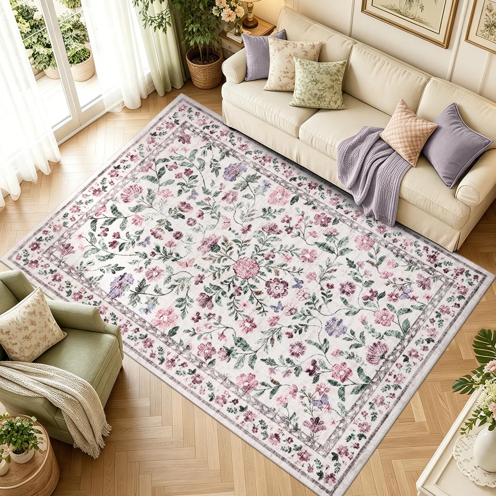 CAROMIO Floral Living Room Rug 160x230 cm Washable Low Pile Non-Slip Purple