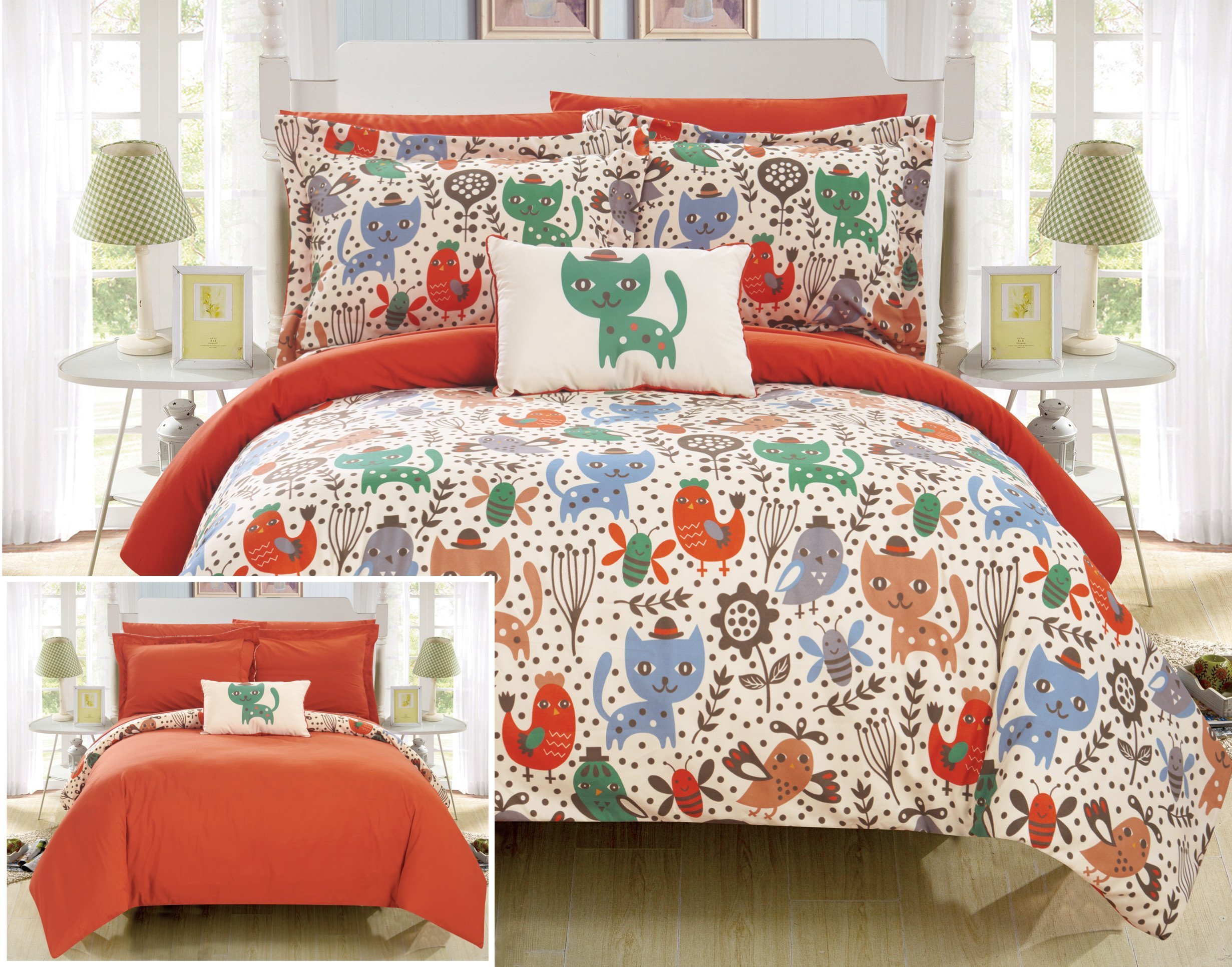 Chic Home Flopsy 8 Piece Reversible Comforter Cute Animal Friends Youth Design Bed in a Bag-Sheet Set Decorative Pillow Shams Included Size, Full, Orange