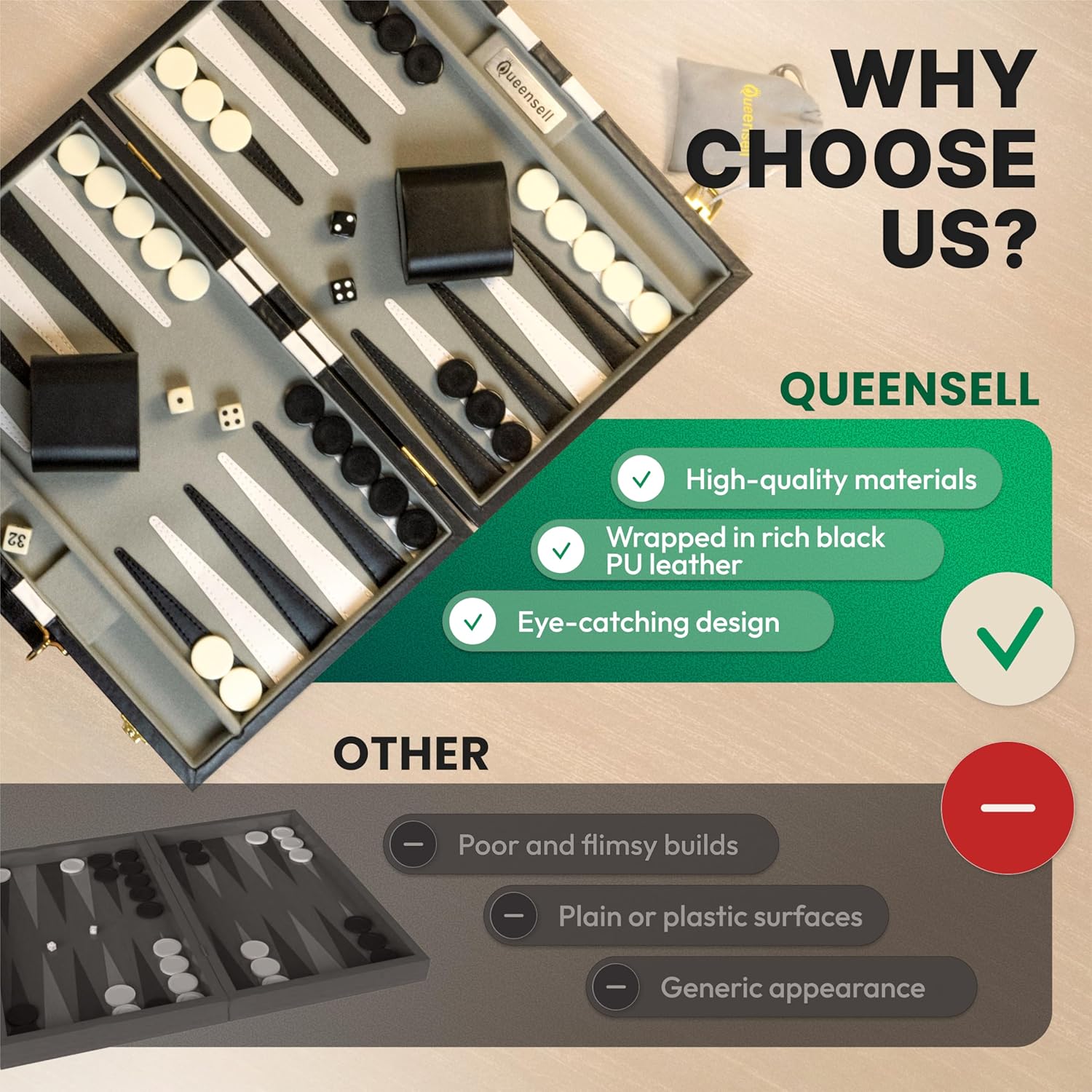 Backgammon Sets for Adults – 15-Inch Black PU Leather Board Game Set – Classic 2-Player Travel Backgammon Set with 32 Playing Pieces, Dice, and Cups