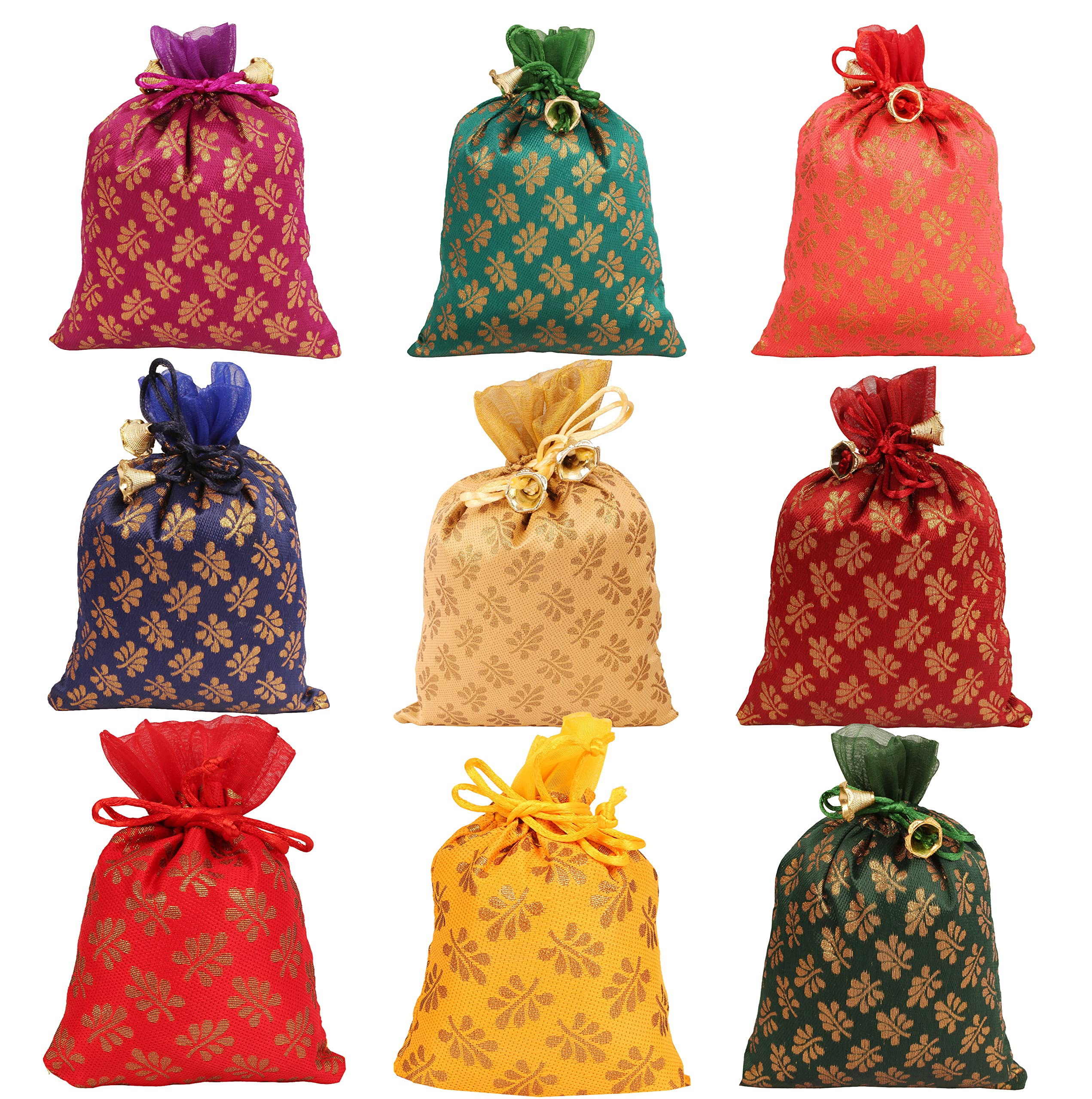 Touchstone NEW Traditional Indian Handcrafted Attractive Petals Pattern Fancy Shopping Gifts Jewelry Wedding Vibrant Multicolor Sweet Distribution Drawstring Bags Set Of 9 For Women.