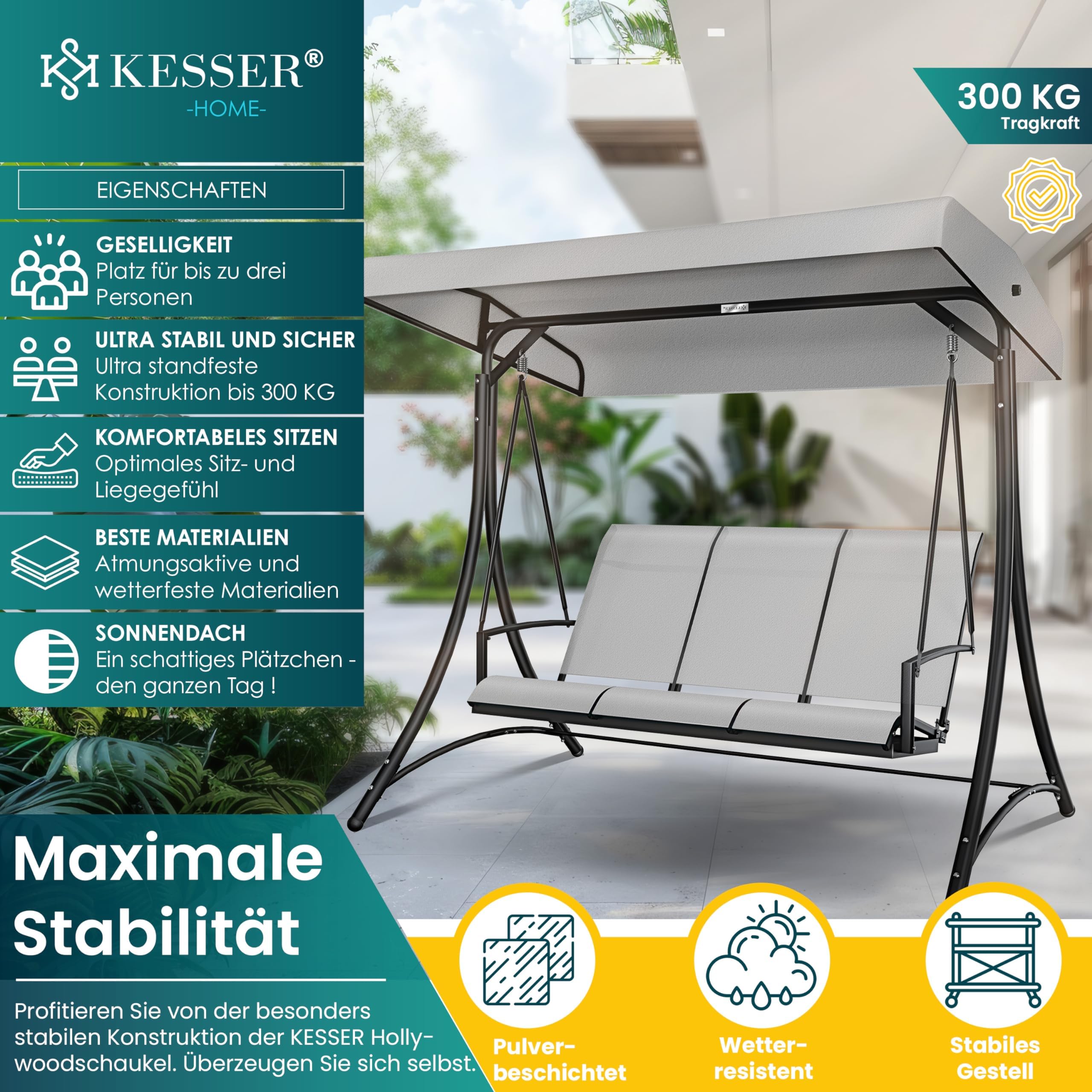 KESSER® Hollywoodschaukel mit Sonnendach 3-Sitzer | Gartenschaukel bis 300kg belastbar | Gartenliege mit Anti-Rutsch-Füßen | Schaukelbank wasserabweisend Outdoor & Indoor (Hellgrau)