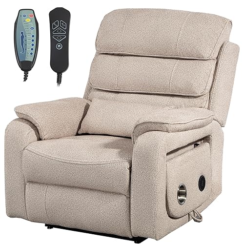 Power Lift Recliner Chair for Adults Elderly Lay Flat Velvet Recliners with Massage Heating, Extended Footrest, Wireless Charging Device, USB Ports, Cup Holder, Lumbar Pillow