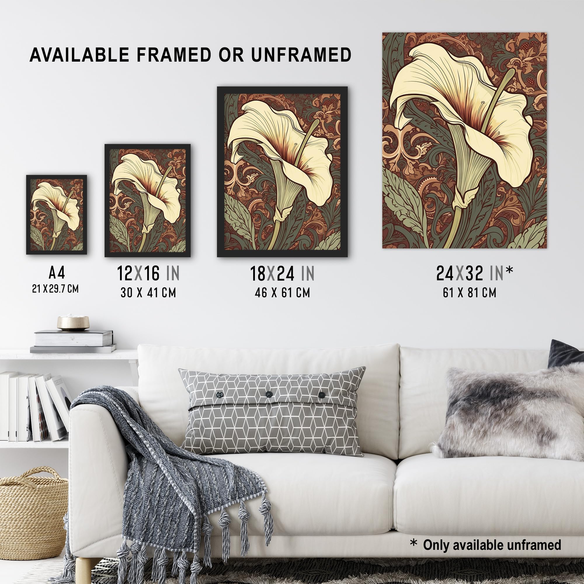 Artery8 Single White Cala Lily Flower Art Nouveau Painting Pastel Colour Teal Green Red William Morris Style Patterns Colourful Bright Floral Modern Artwork Extra Large XL Wall Art Poster Print - Image 3