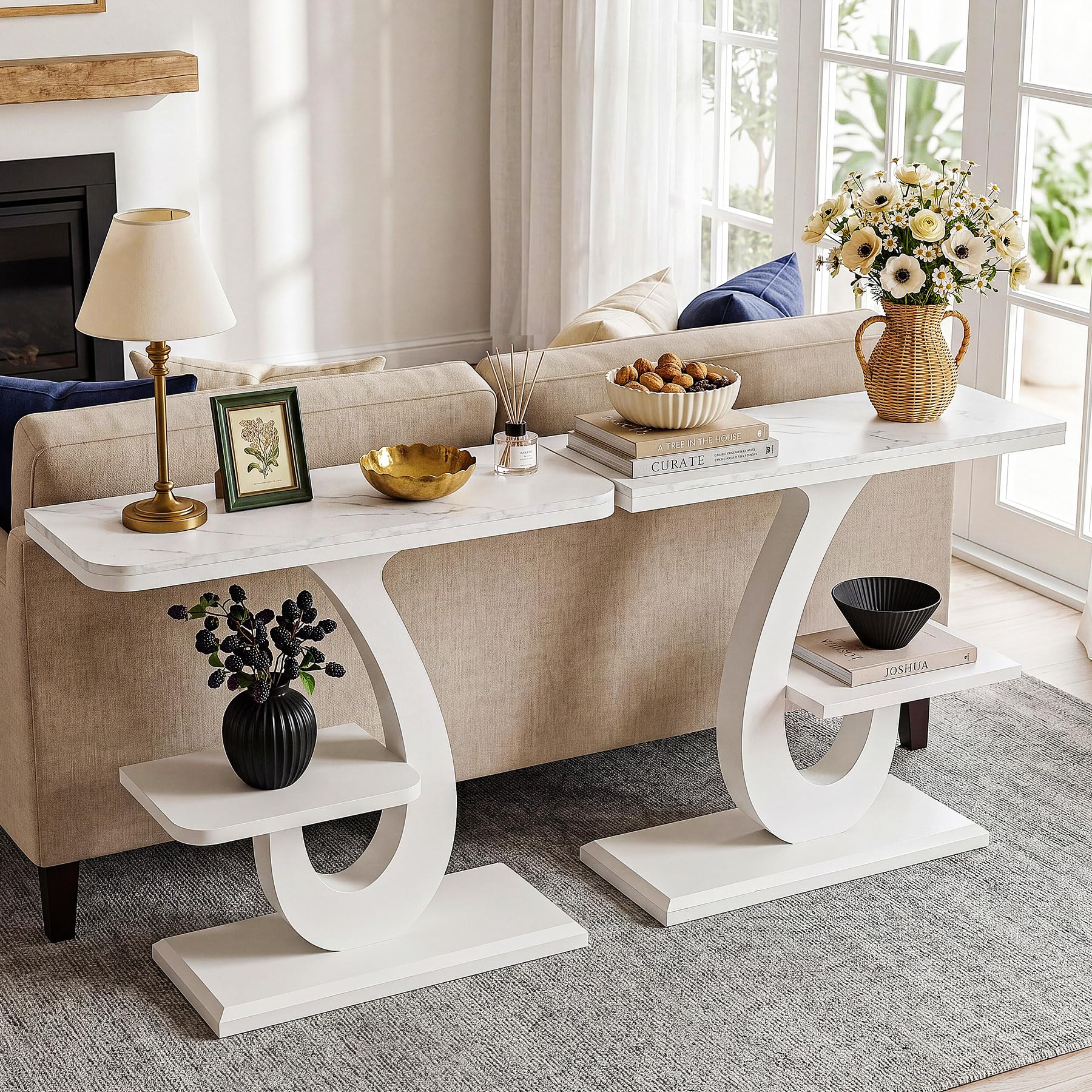 Tribesigns Tavolo consolle sottile bianco, 100 cm, moderno con effetto marmo e ripiano per divano, per ingresso, corridoio, soggiorno, dietro il divano, foyer