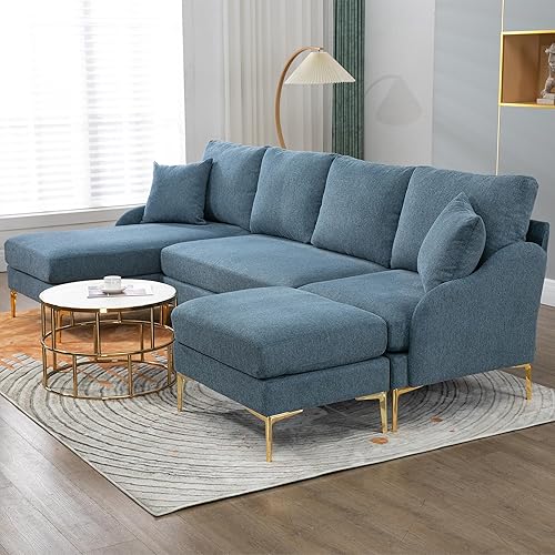 Miniatura 4 de WOXYX Set Sofá modular reversible izquierdo o derecho, sofá convertible de 4 asientos en forma de U con diván tapizado y dos almohadas, color azul
