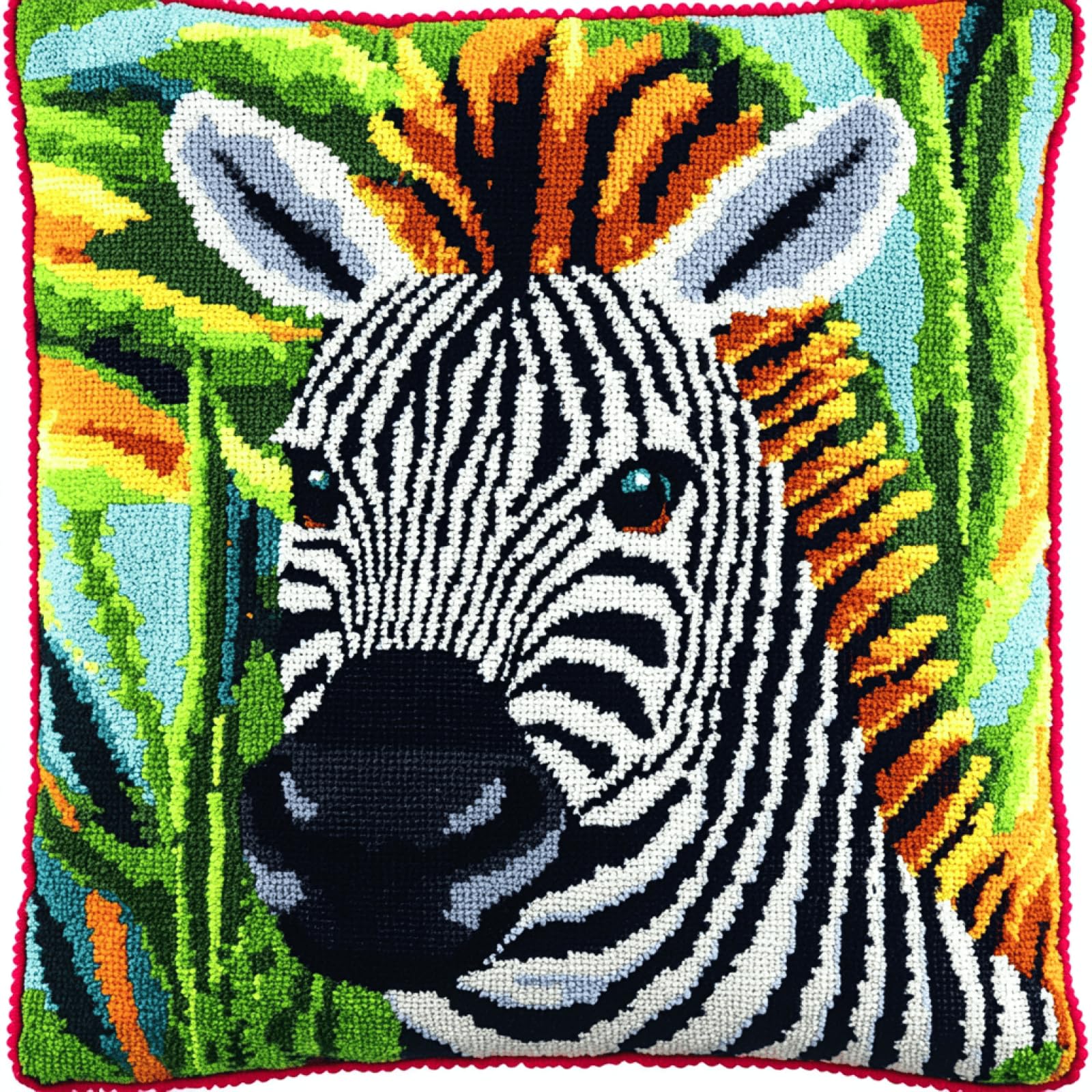 XDEGHUANGSS Latch Hook Cushion Cover Kit Zebra – 17x17 Inch DIY Needlework Set for Sofa Cushion or Pillow Case, Includes Yarn & Latch Hook Tool, Beginners Home Decor