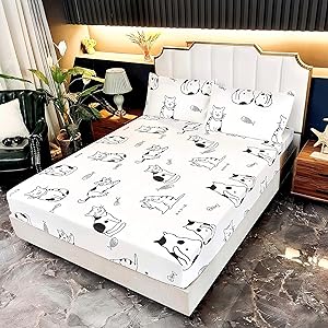 SDY 3PCS Black and White Cat Bedding Sheet Set, Cartoon Cat Sheets, Cooling Soft Easy Care, Bedding Decor Set with Deep Pocket Fitted Sheet & 2 Pillowcases for Boys, Girls and Teens, Twin