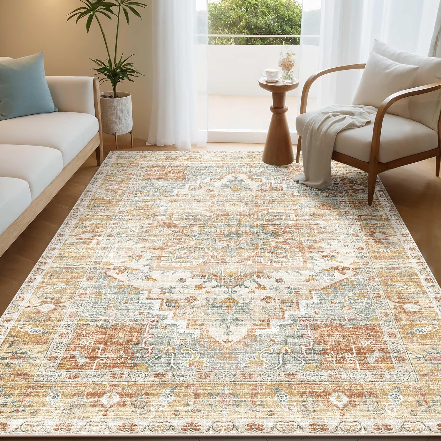Kokia Washable Area Rugs Boho Thin Non Slip Stain Resistant Vintage Orange Printed Carpet Oriental Foldable Distressed 4x6 Rug for Living Room Bedroom Indoor House