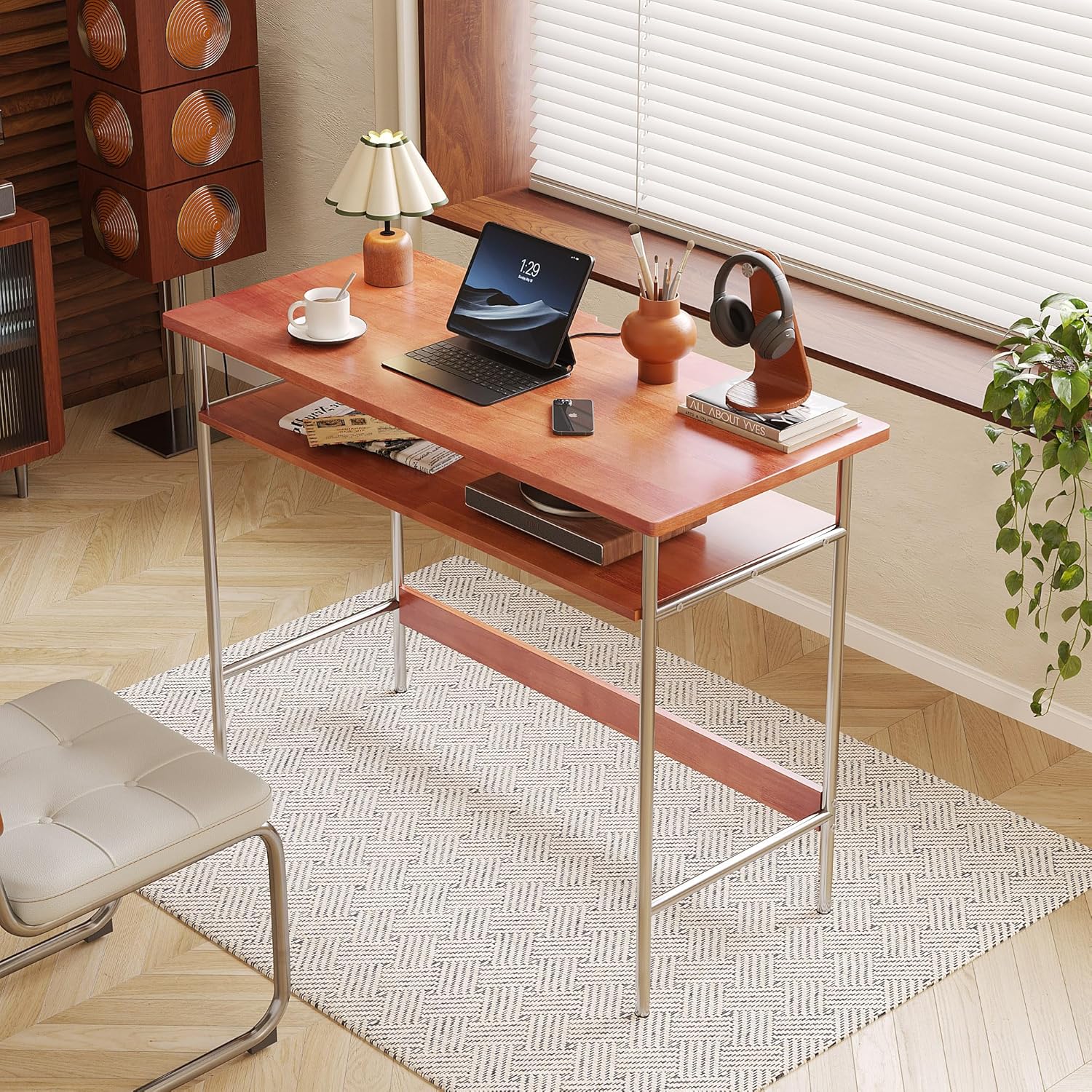 100% Solid Wood Desk, 39 Inch Writing Computer Desk for Small Spaces, Vintage Home Office Desks, Mid Century Modern Desks with Thickened Stainless Steel Legs for Study, Makeup & Workstation (Cherry)