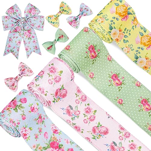 Whaline Cinta floral vintage con borde con alambre, 4 rollos de cinta floral de verano para decoración de envoltura de regalos del día de la madre,