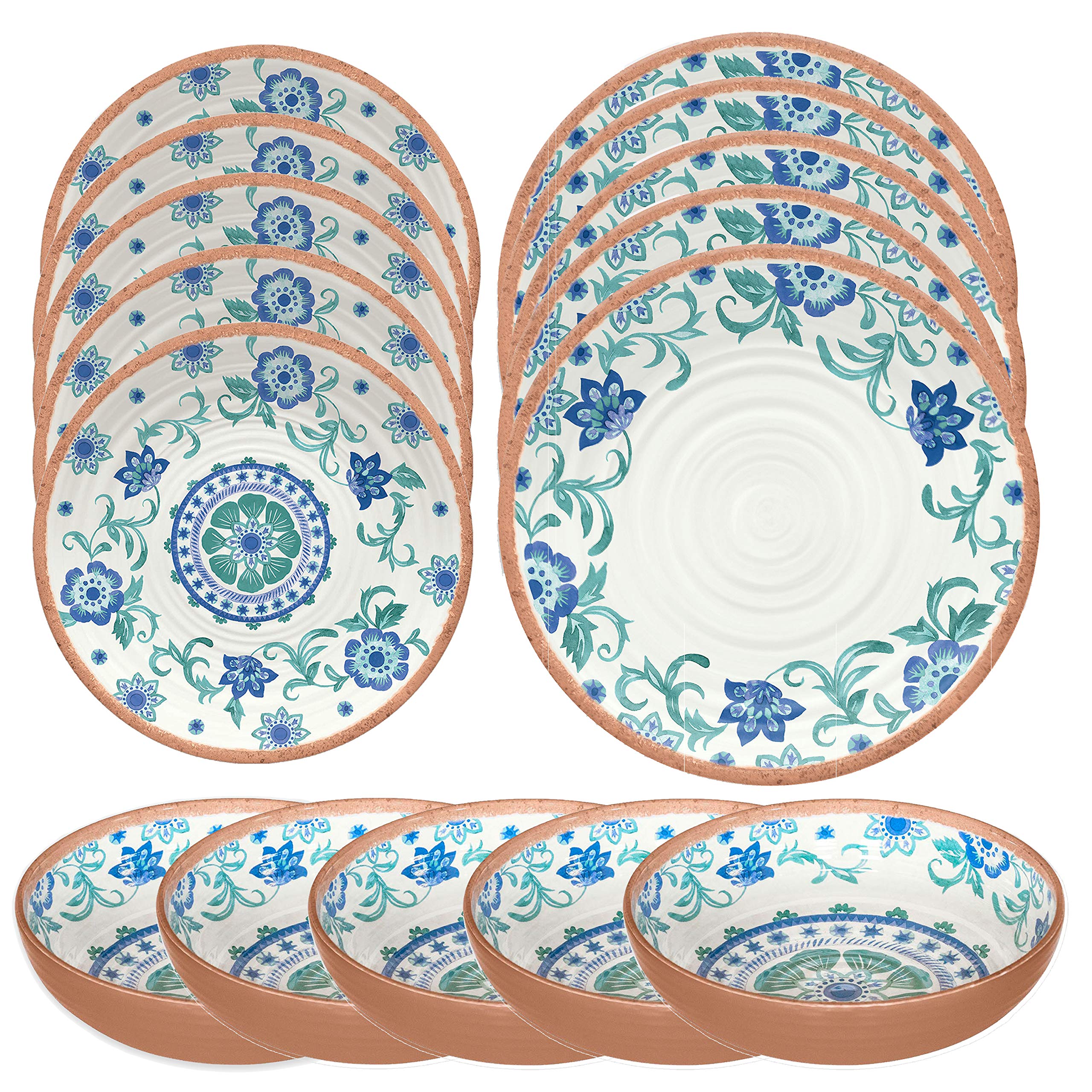 Turquoise Floral Melamine/Plastic Outdoor/BBQ/Picnic - 6 Piece - Dinnerware Set (15)