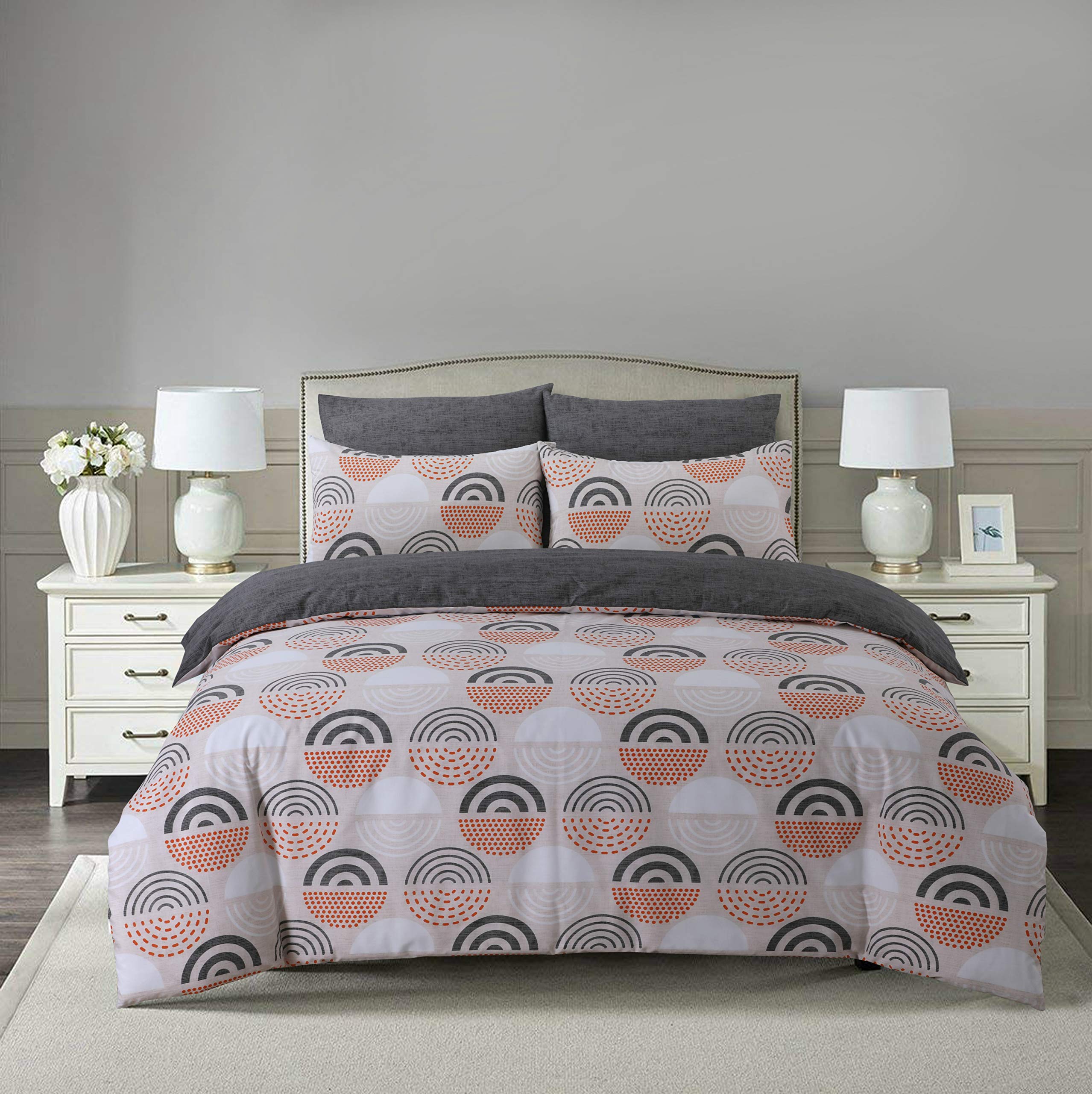Easy Care 2 Pcs Reversible Pattern Printed Duvet Cover Set With 1 Pillow Cases, Single 135 x 200 - Retro Circles